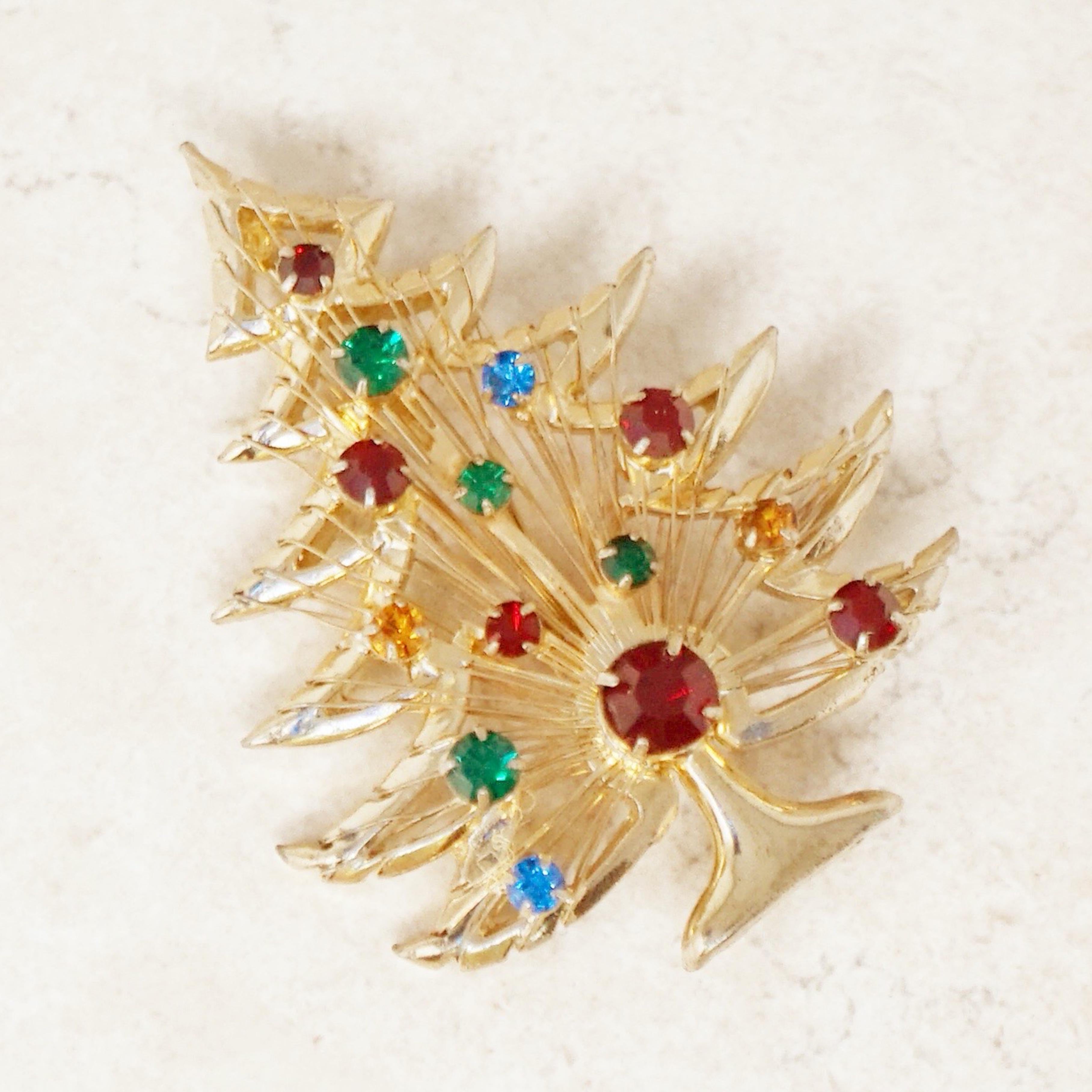 Modern Gold Wire Work Christmas Tree Brooch with Colored Rhinestones by Brooks, 1950s