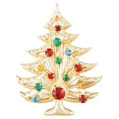 Gold Wire Work Christmas Tree Brooch with Colored Rhinestones by Brooks, 1950s