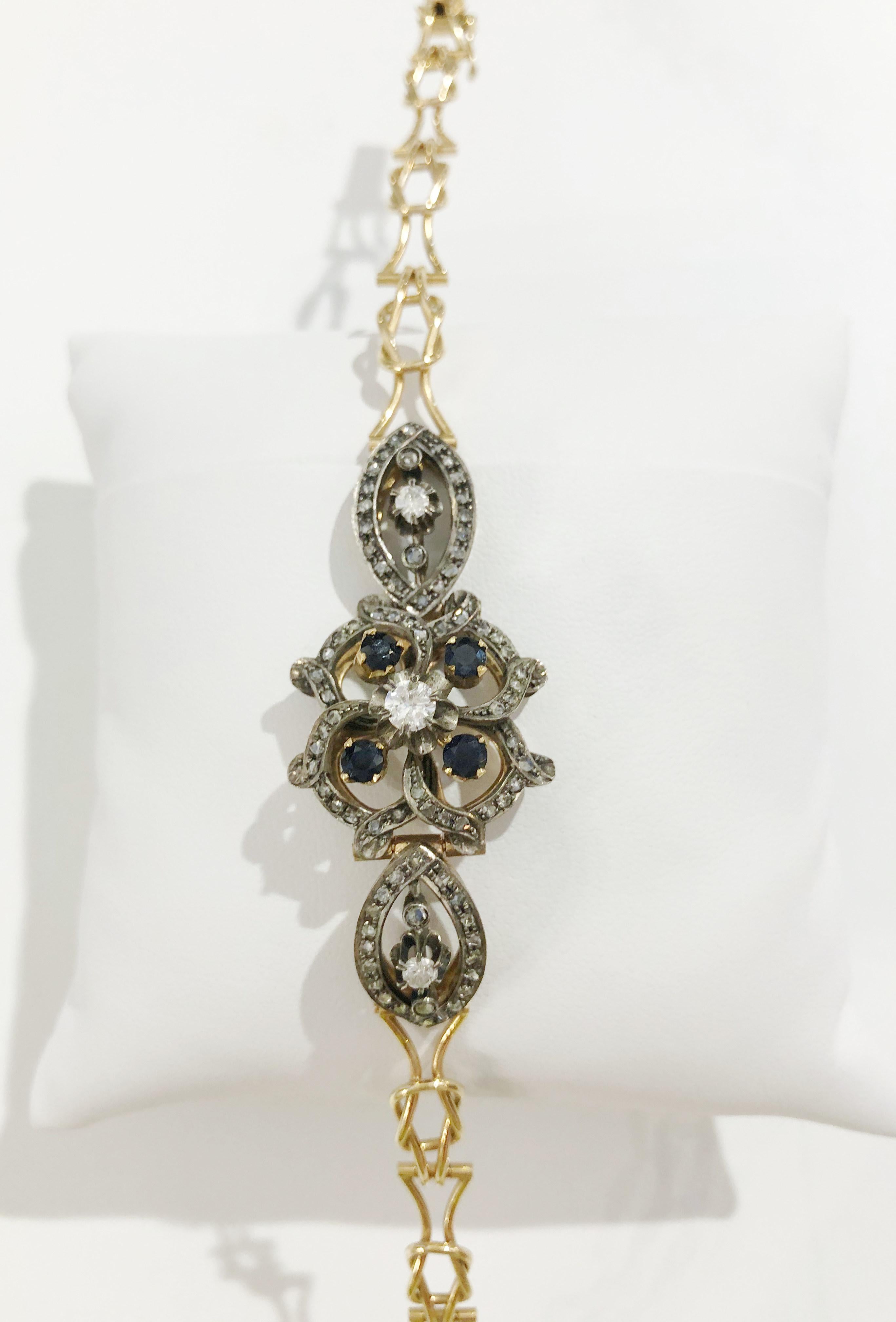Vintage 18 karat gold bracelet with blue sapphires and brilliant diamonds, Italy 1950-1970
Length 19 cm