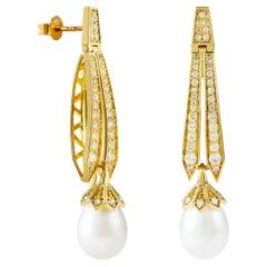 Boucles d'oreilles @Eliania Rosetti en or 18 carats, perles d'eau douce et diamants de 1,07 carat