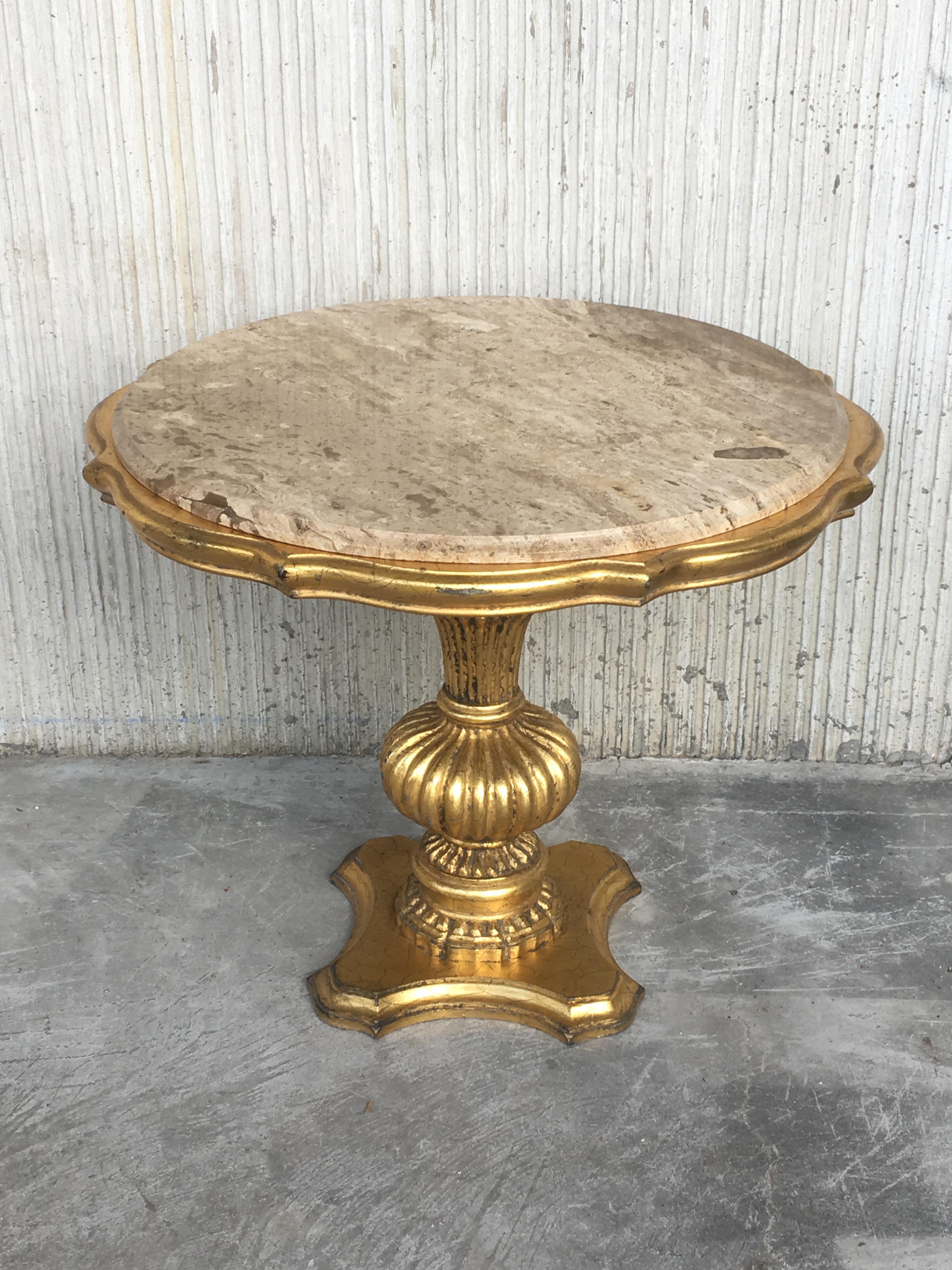 Spanish Gold Wood Italian Hollywood Regency Marble Top End Table