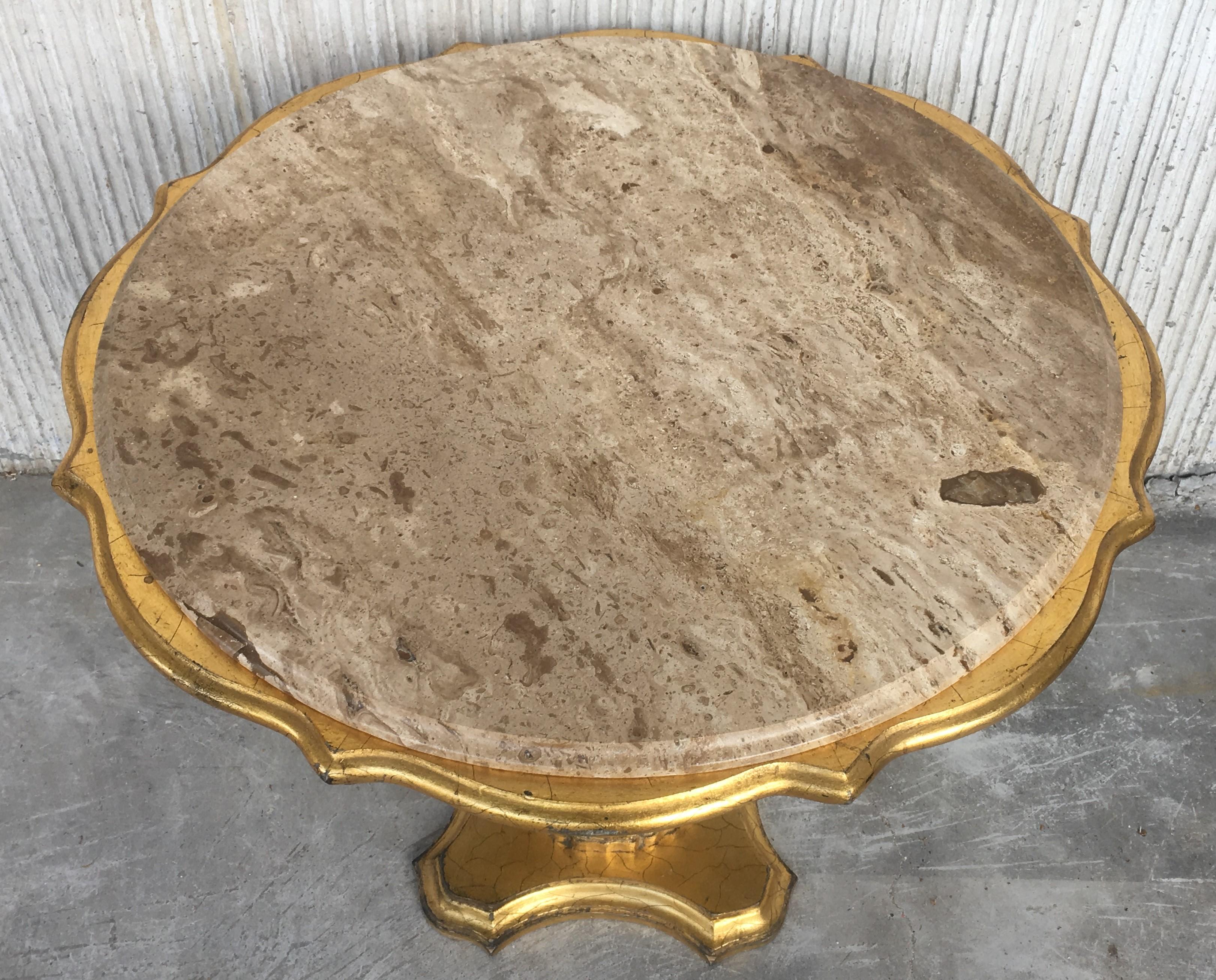 Gold Wood Italian Hollywood Regency Marble Top End Table In Good Condition In Miami, FL