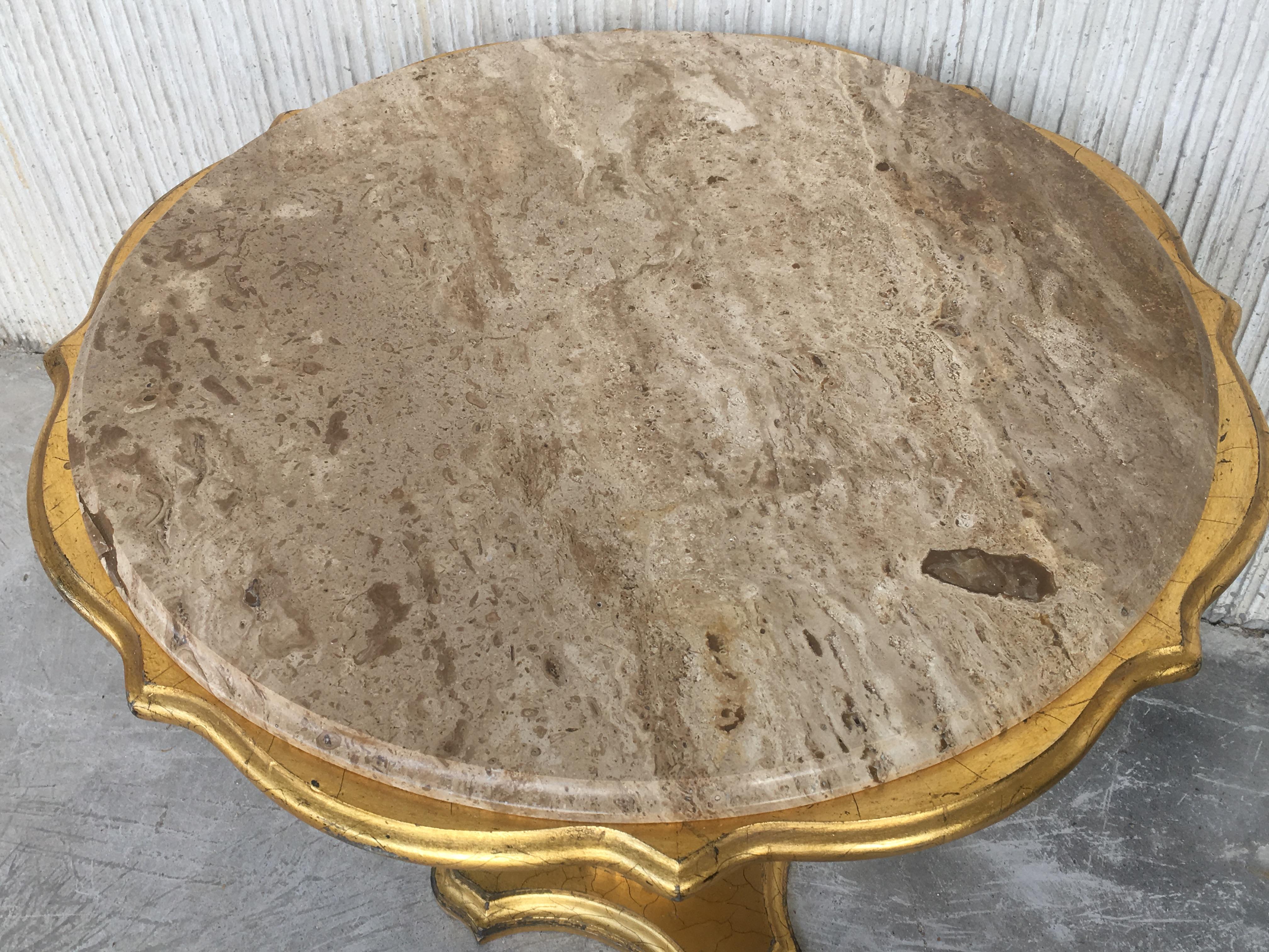 20th Century Gold Wood Italian Hollywood Regency Marble Top End Table