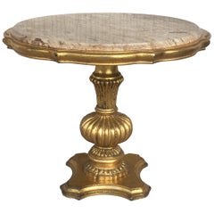 Gold Wood Italian Hollywood Regency Marble Top End Table