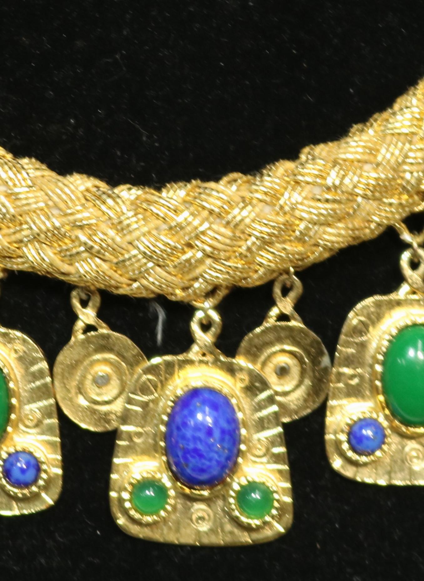 Egyptian Revival Gold Woven 'Cleopatra' Collar Necklace-Malachite and Lapis Drops For Sale