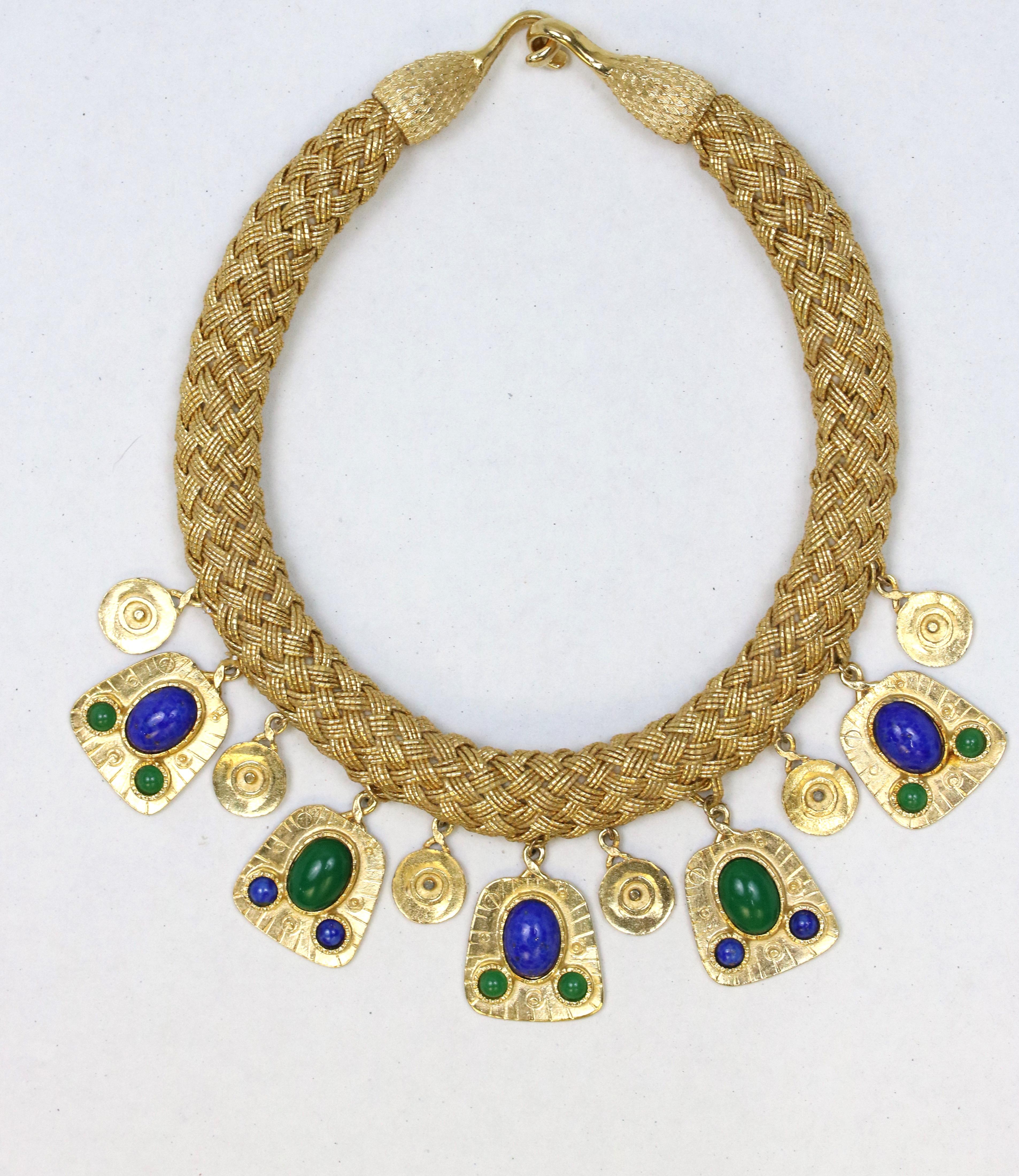Gold Woven 'Cleopatra' Collar Necklace-Malachite and Lapis Drops In Good Condition For Sale In West Palm Beach, FL