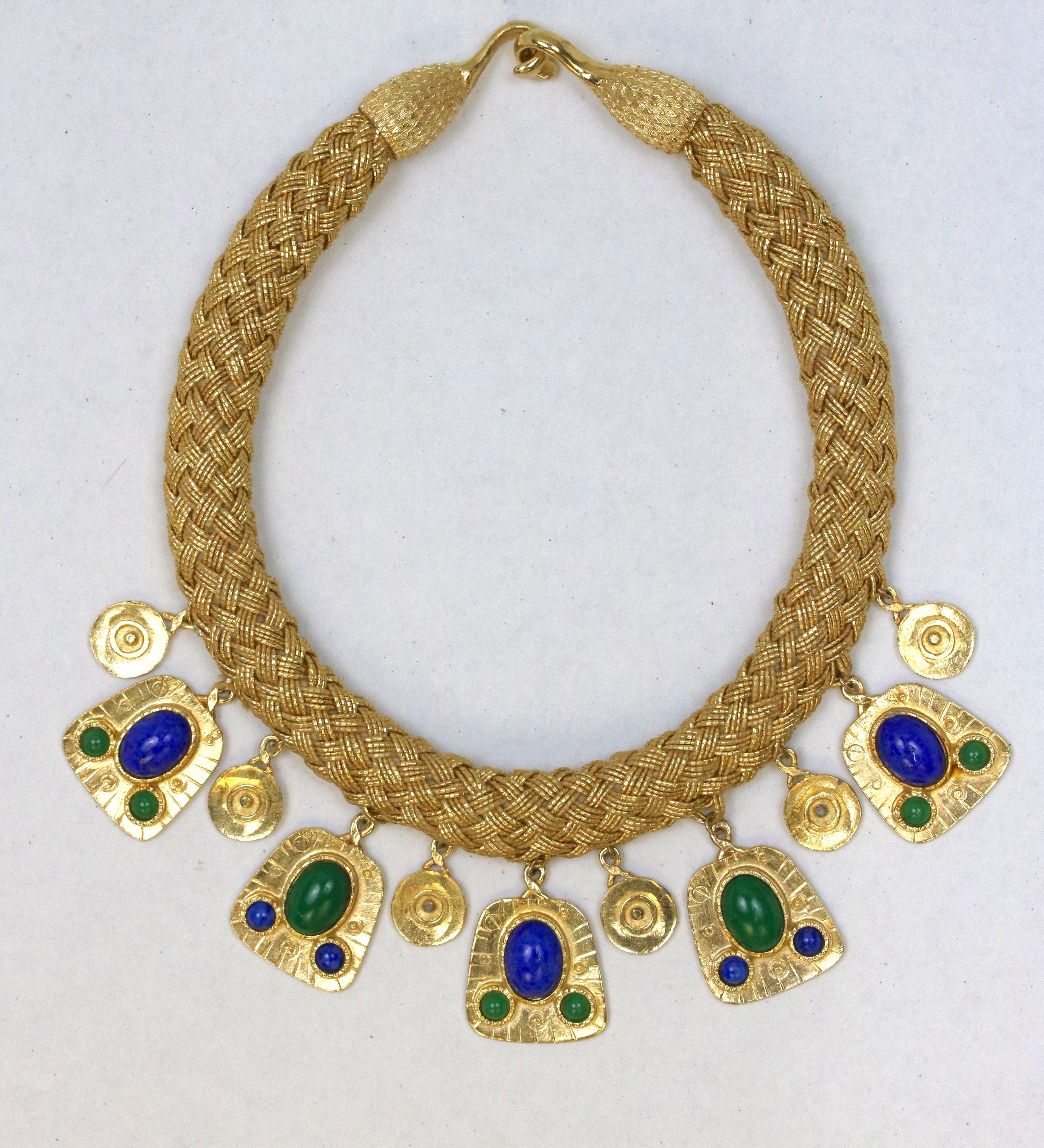 Women's Gold Woven 'Cleopatra' Collar Necklace-Malachite and Lapis Drops For Sale
