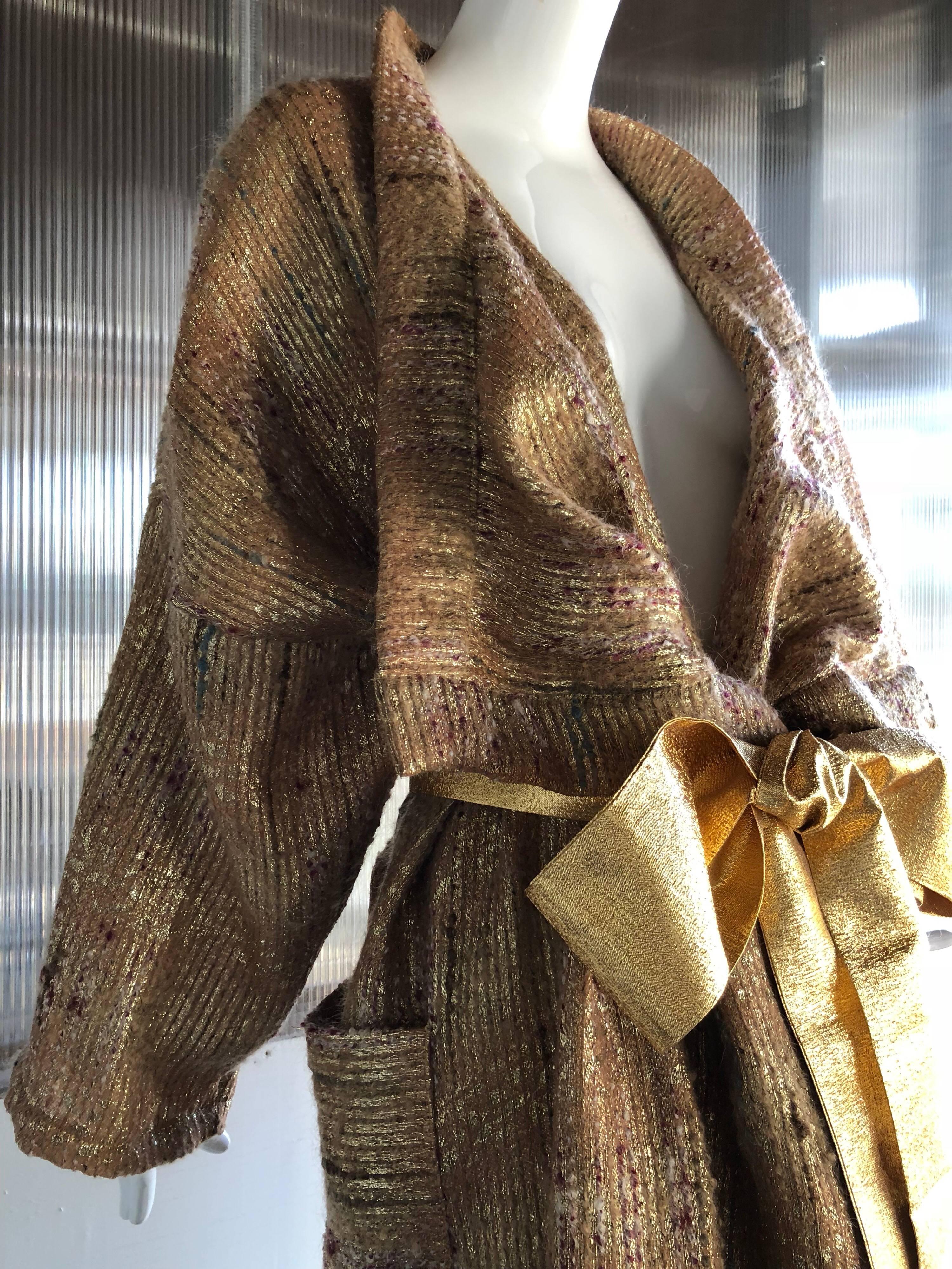 Custom-Made gold woven mohair duster with shawl collar, Dolman sleeves and pouch pockets.  Sold with coordinating gold lame obi belt. Unlined cocoon-like feel.