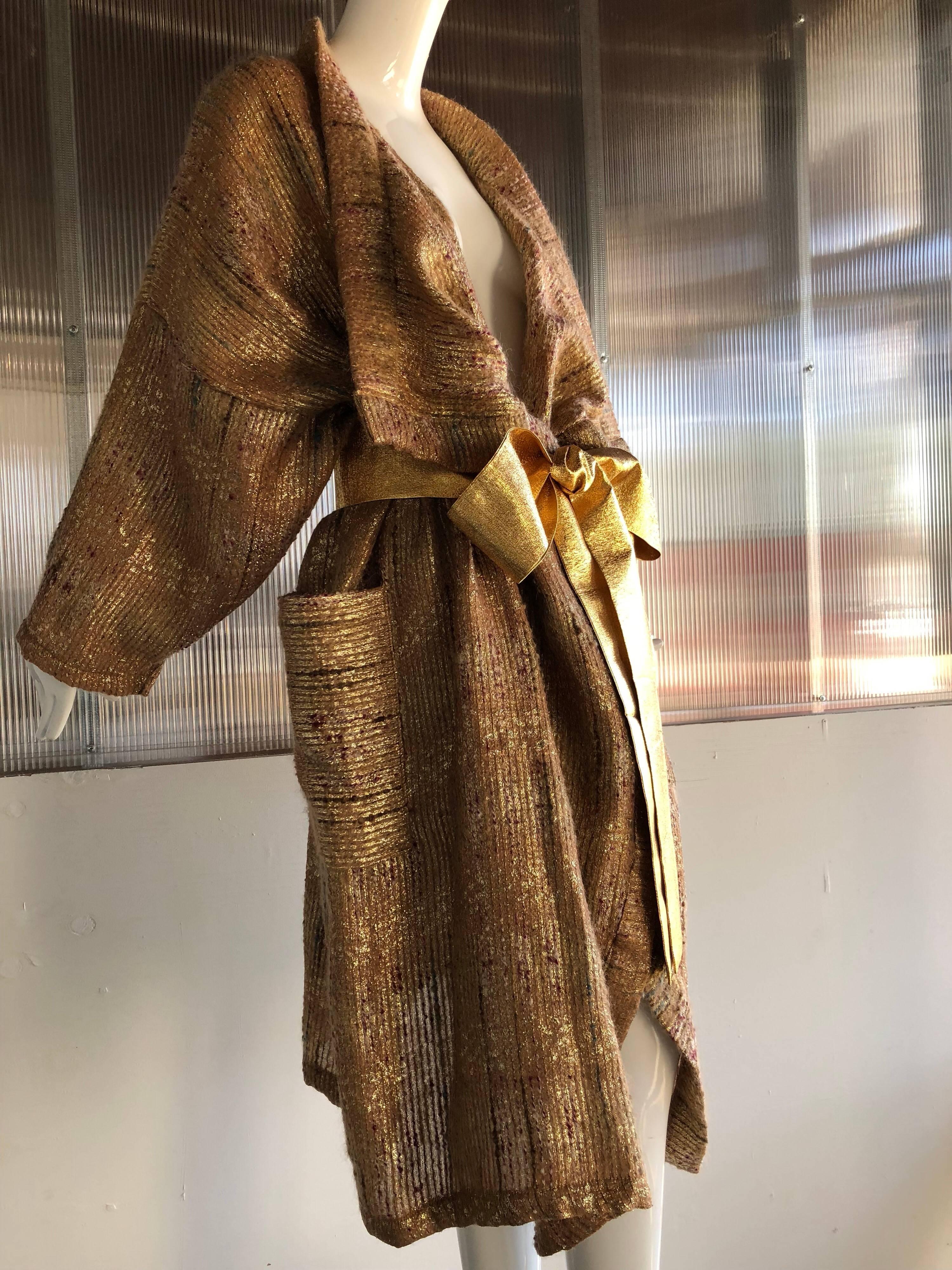 Gold Woven Mohair Shawl Collar Duster & Gold Lame Obi Belt In Excellent Condition In Gresham, OR