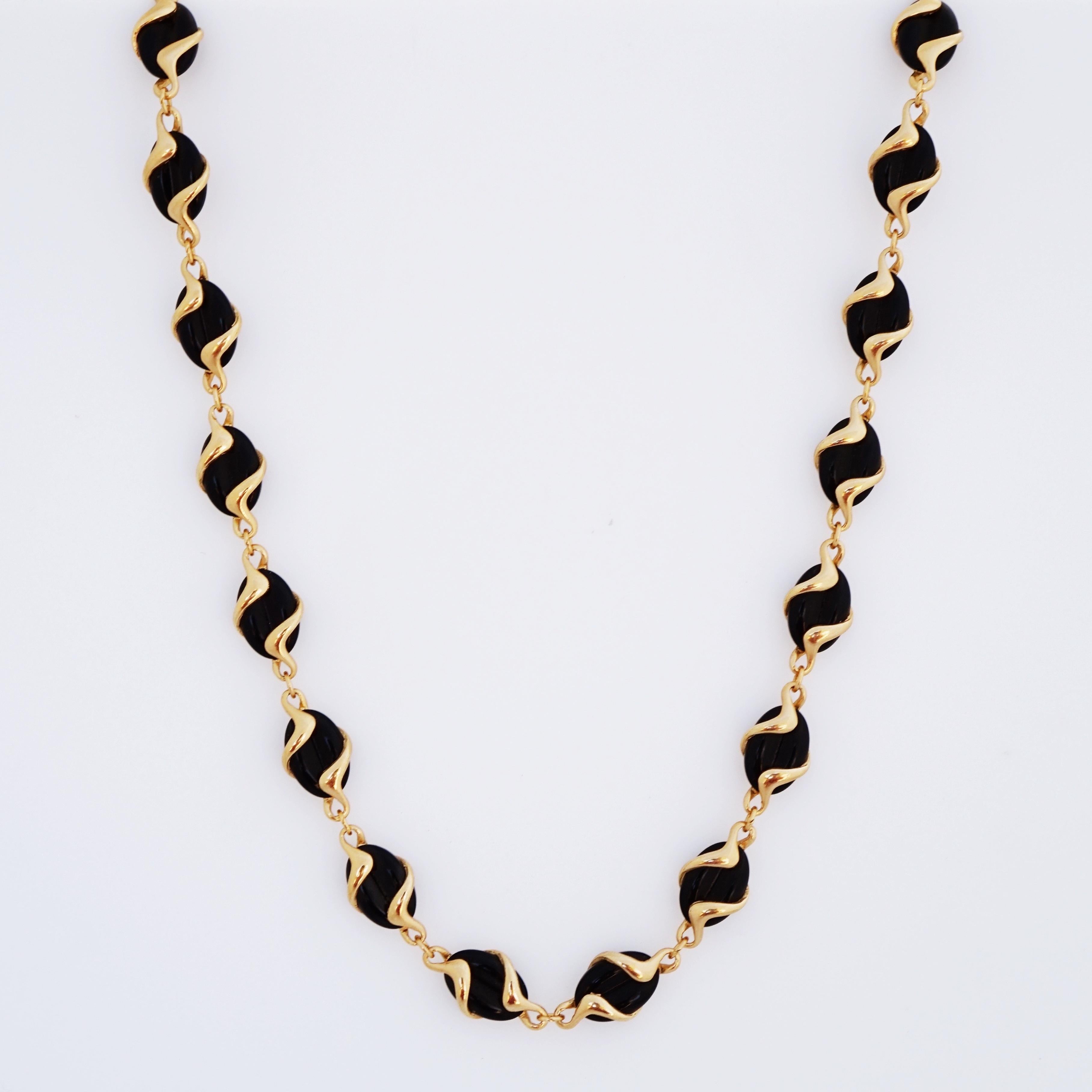 Modern Gold Wrapped Black Glass Link Necklace By Swarovski, 1980s