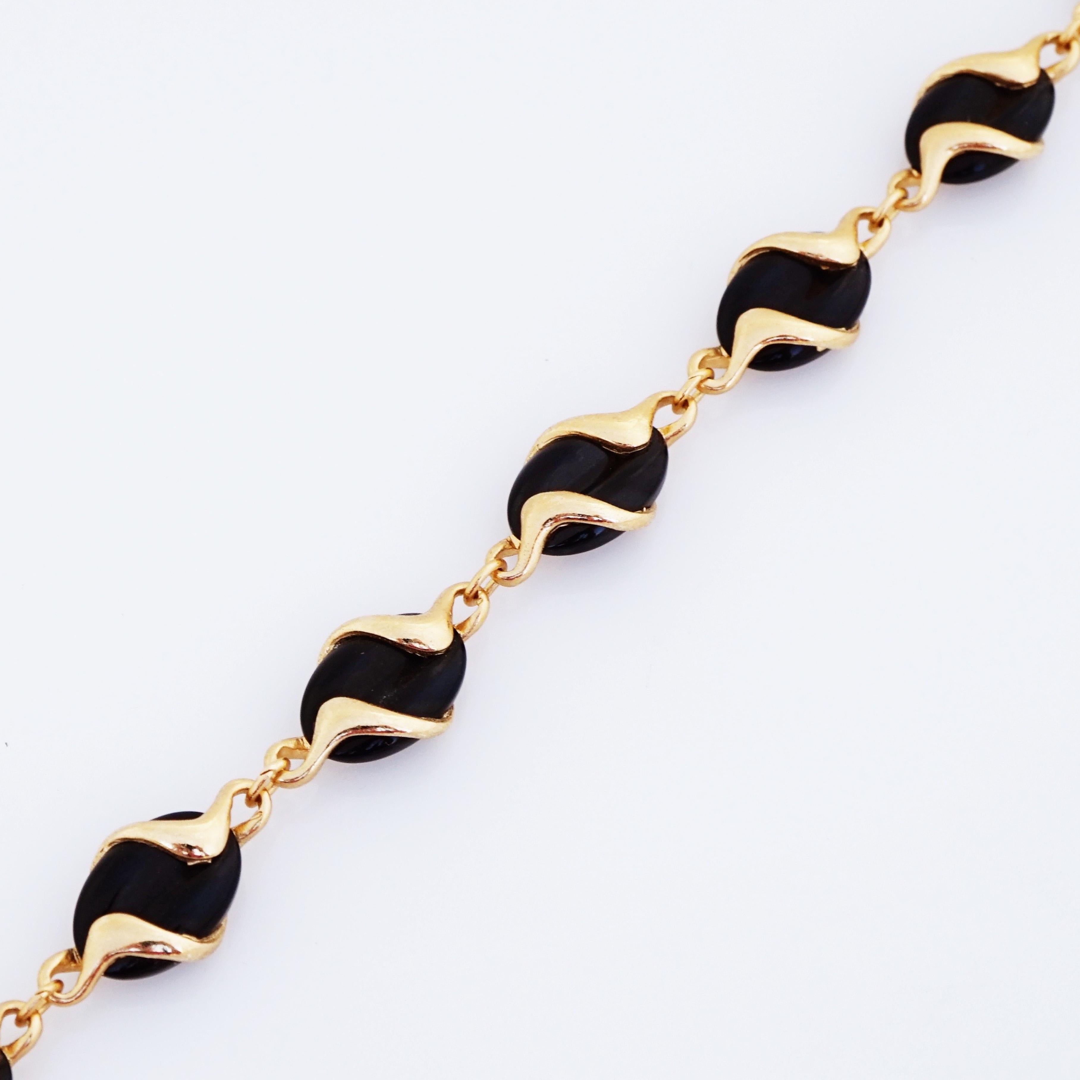 Gold Wrapped Black Glass Link Necklace By Swarovski, 1980s In Good Condition In McKinney, TX