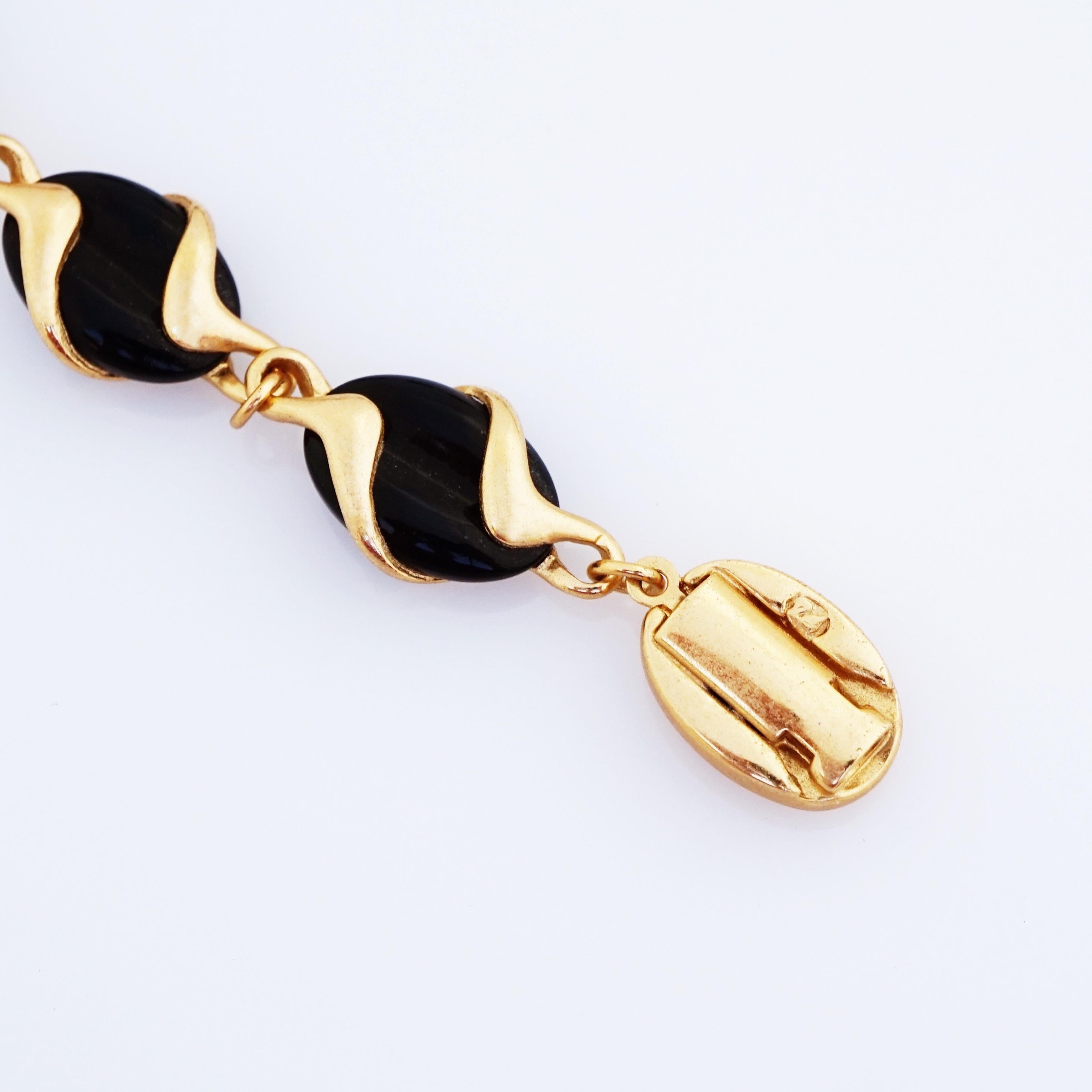 Women's Gold Wrapped Black Glass Link Necklace By Swarovski, 1980s