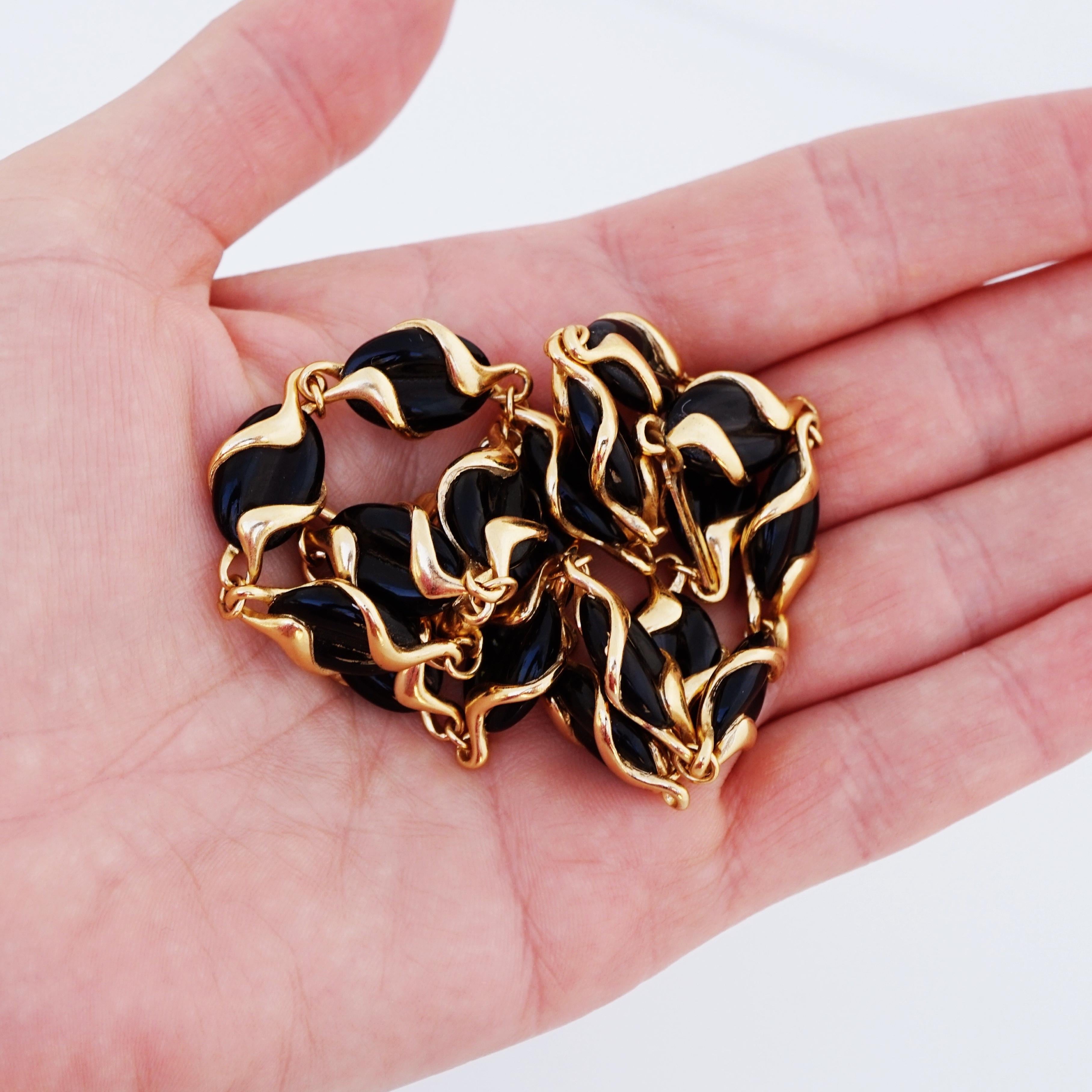 Gold Wrapped Black Glass Link Necklace By Swarovski, 1980s 1
