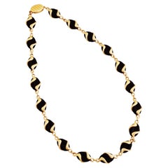 Vintage Gold Wrapped Black Glass Link Necklace By Swarovski, 1980s