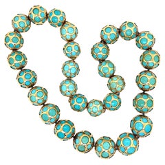 Gold Wrapped Turquoise Gemstone Open Circle Beads Necklace Fine Estate Jewelry