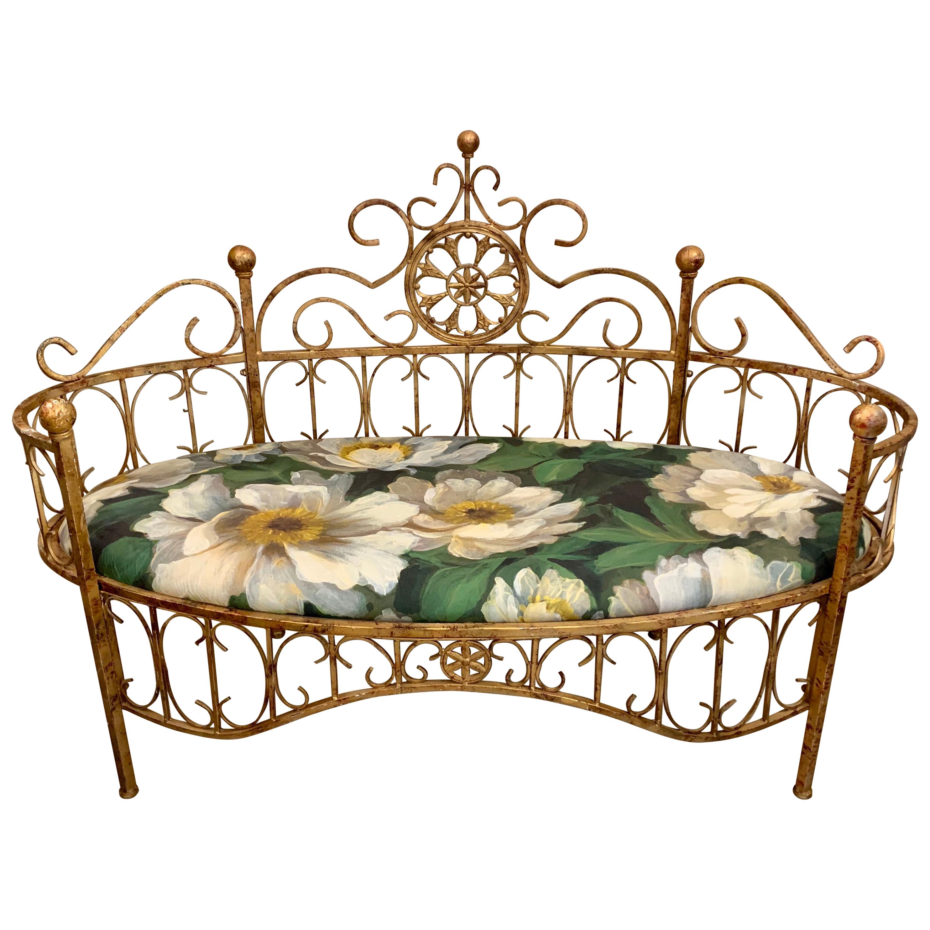 Gold Wrought Iron Oval Sofa, Seat with Floreal Fabric, 1950s
