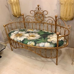 Gold Wrought Iron Oval Sofa, Seat with Floreal Fabric, 1950s