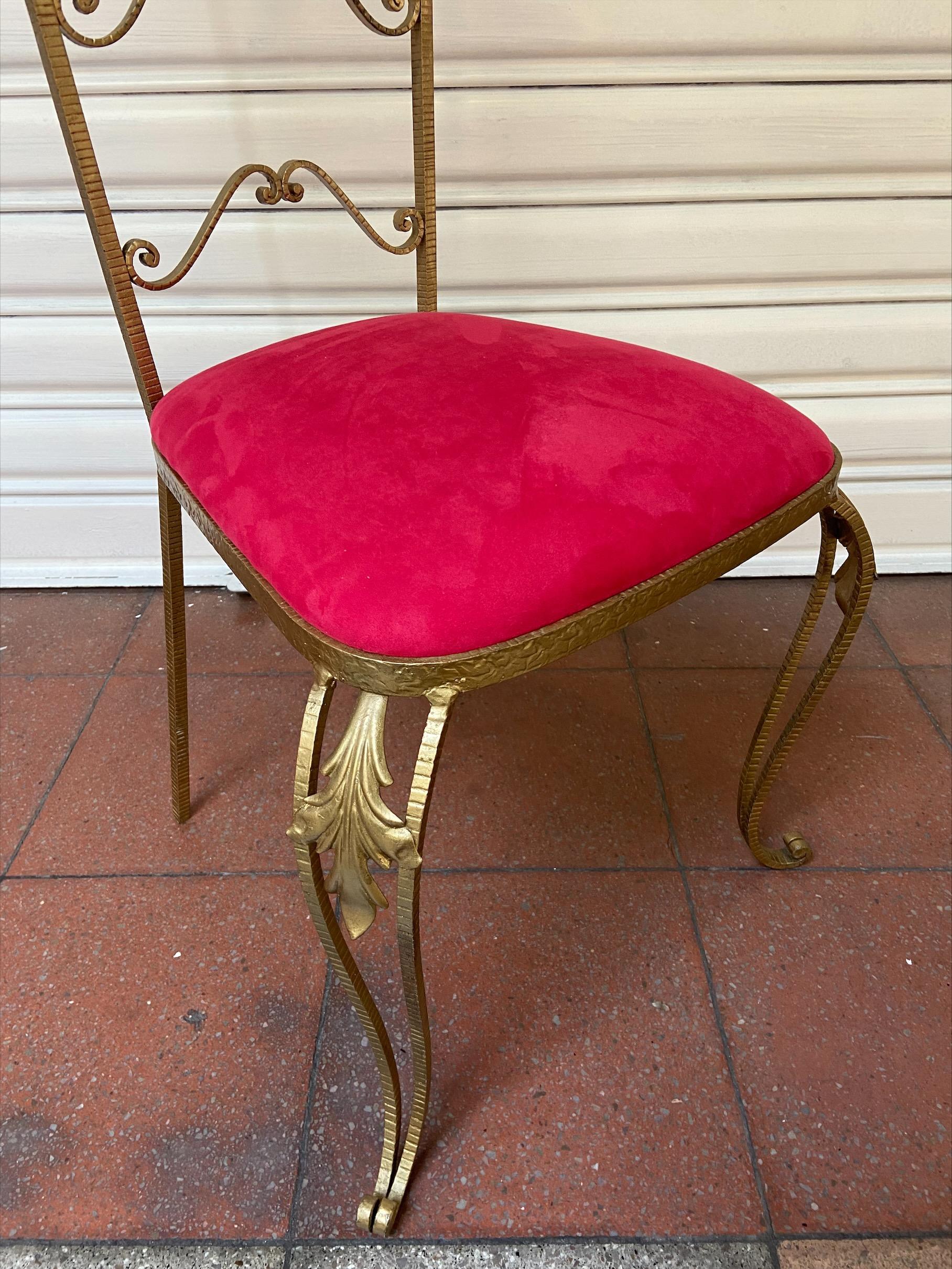 Mid-20th Century Gold Wrought Iron Chair Velvet Seat Pierre Luigi Colli 1950 For Sale