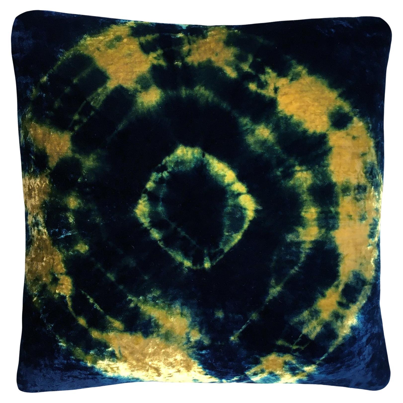 Handdyed Velvet Throw Pillow in Yellow Gold and Indigo Blue Ikat
