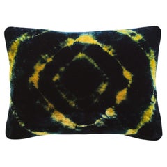 Hand-dyed Velvet Throw Pillow in Yellow Gold & Indigo Blue Halo Pattern