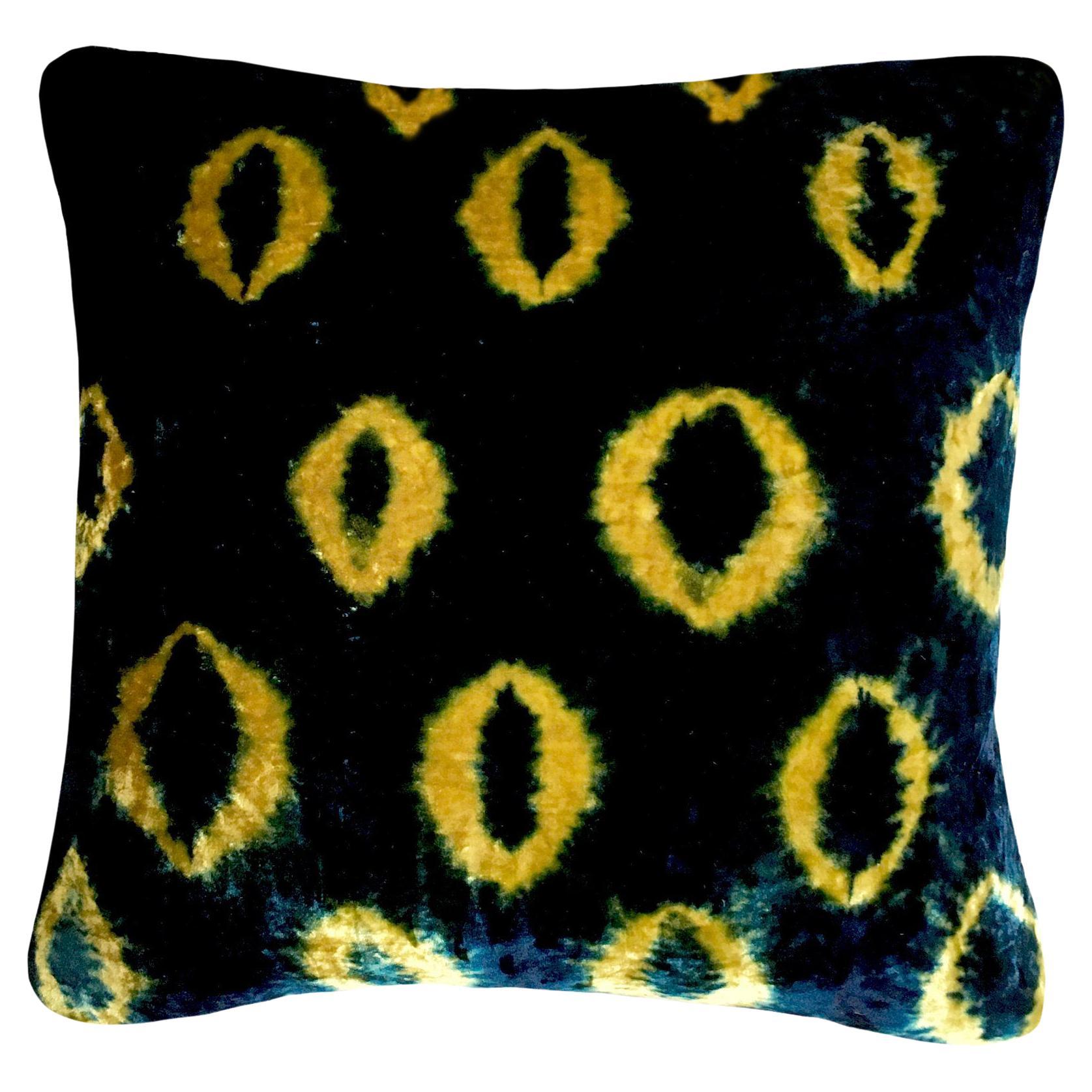 Hand-dyed Velvet Throw Pillow in Yellow Gold & Indigo Blue Ikat Pattern