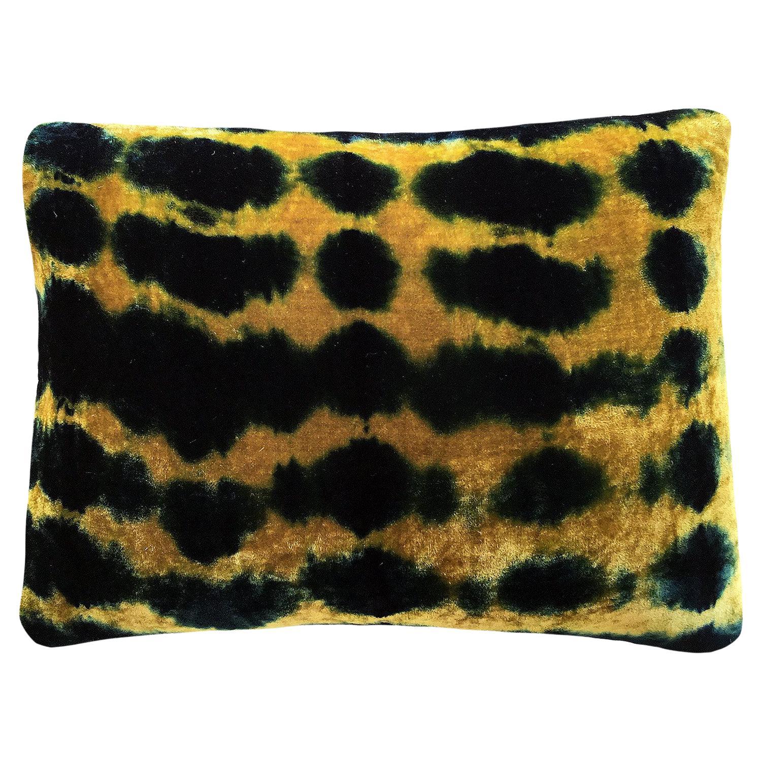 Hand-dyed Velvet Throw Pillow in Yellow Gold & Indigo Blue Inkblot Pattern