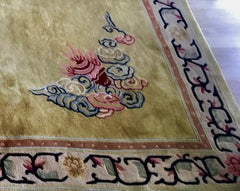 Gold Yellow Antique Chinese Rug with Border, Dragon and Motif, China 1930-1940