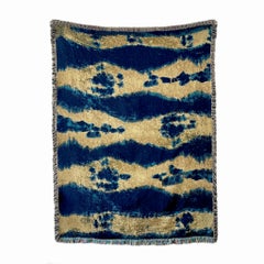 Gold Yellow & Indigo Blue Pleat Abstract Pattern Fringed Throw Blanket, 54 x 72