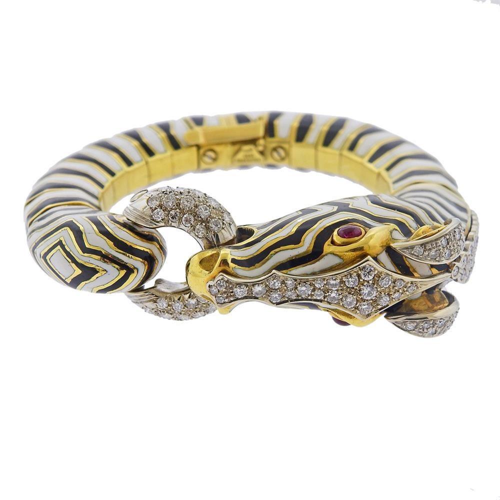 Brilliant Cut Gold Zebra Ruby Diamond Enamel Bracelet