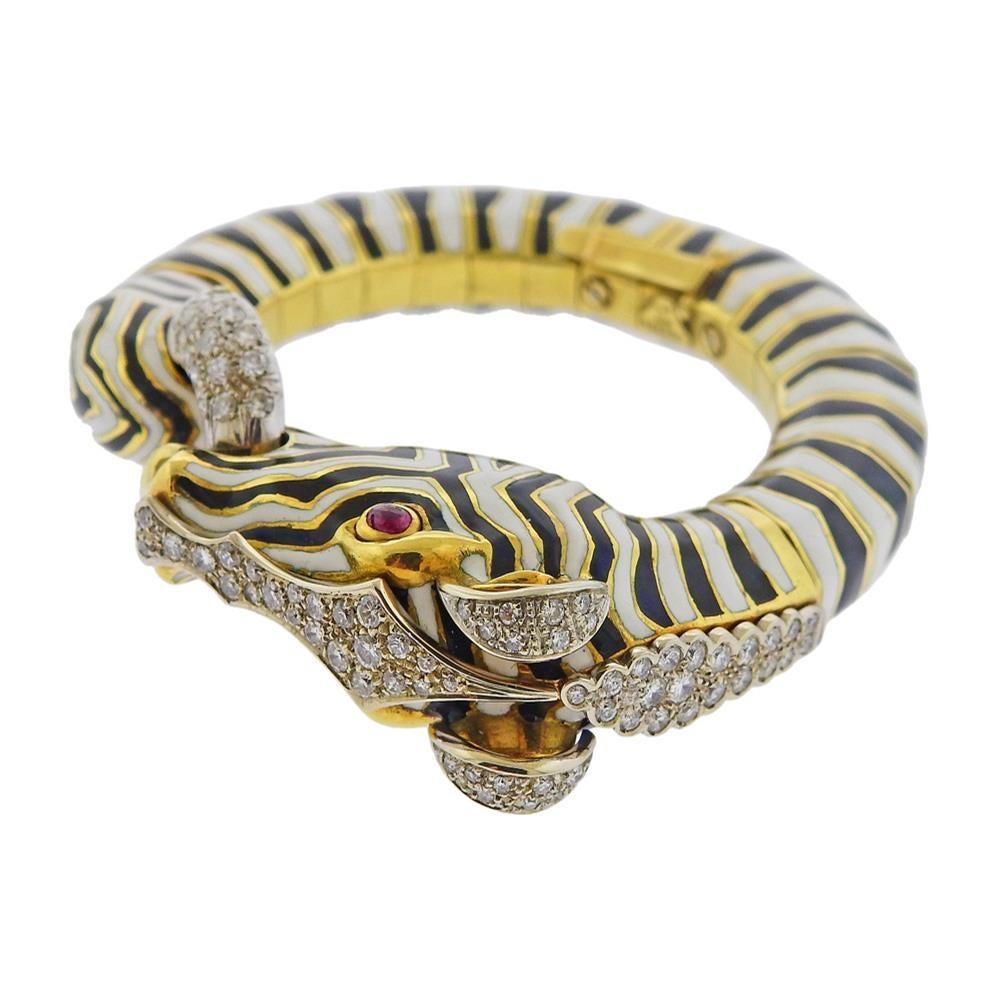 Gold Zebra Ruby Diamond Enamel Bracelet In Excellent Condition In New York, NY