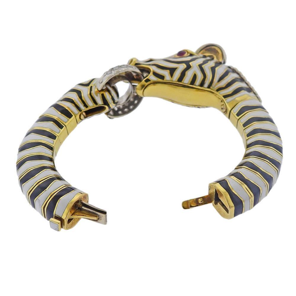 Gold Zebra Ruby Diamond Enamel Bracelet 1
