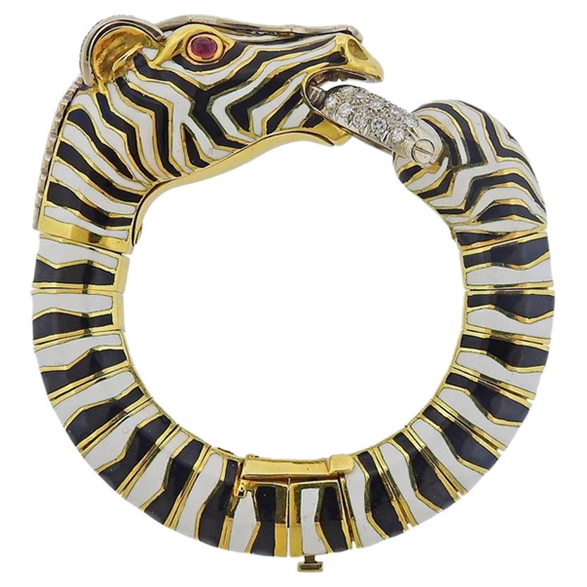 Gold Zebra Ruby Diamond Enamel Bracelet