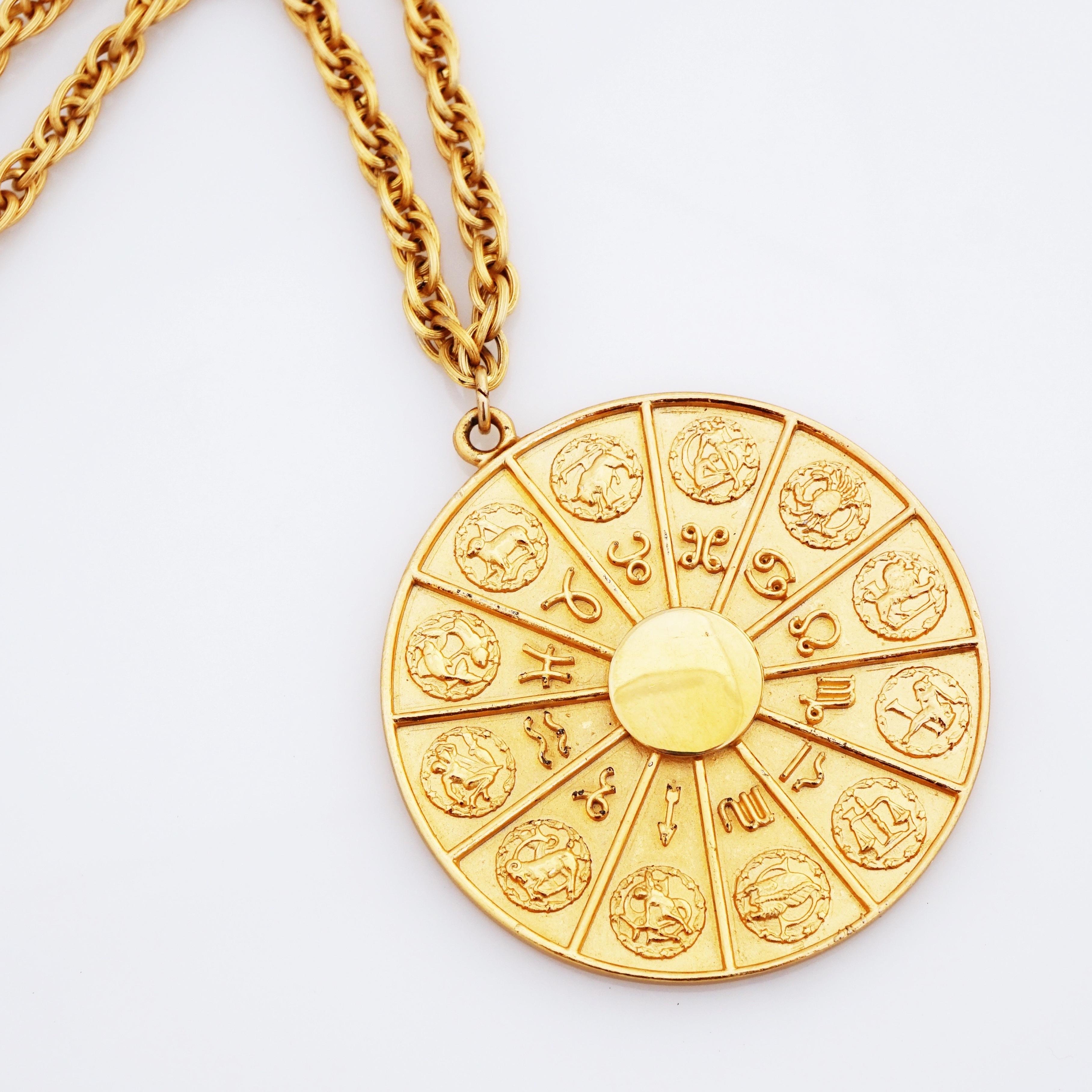 Modern Gold Zodiac Medallion Pendant Necklace By Napier, 1970s
