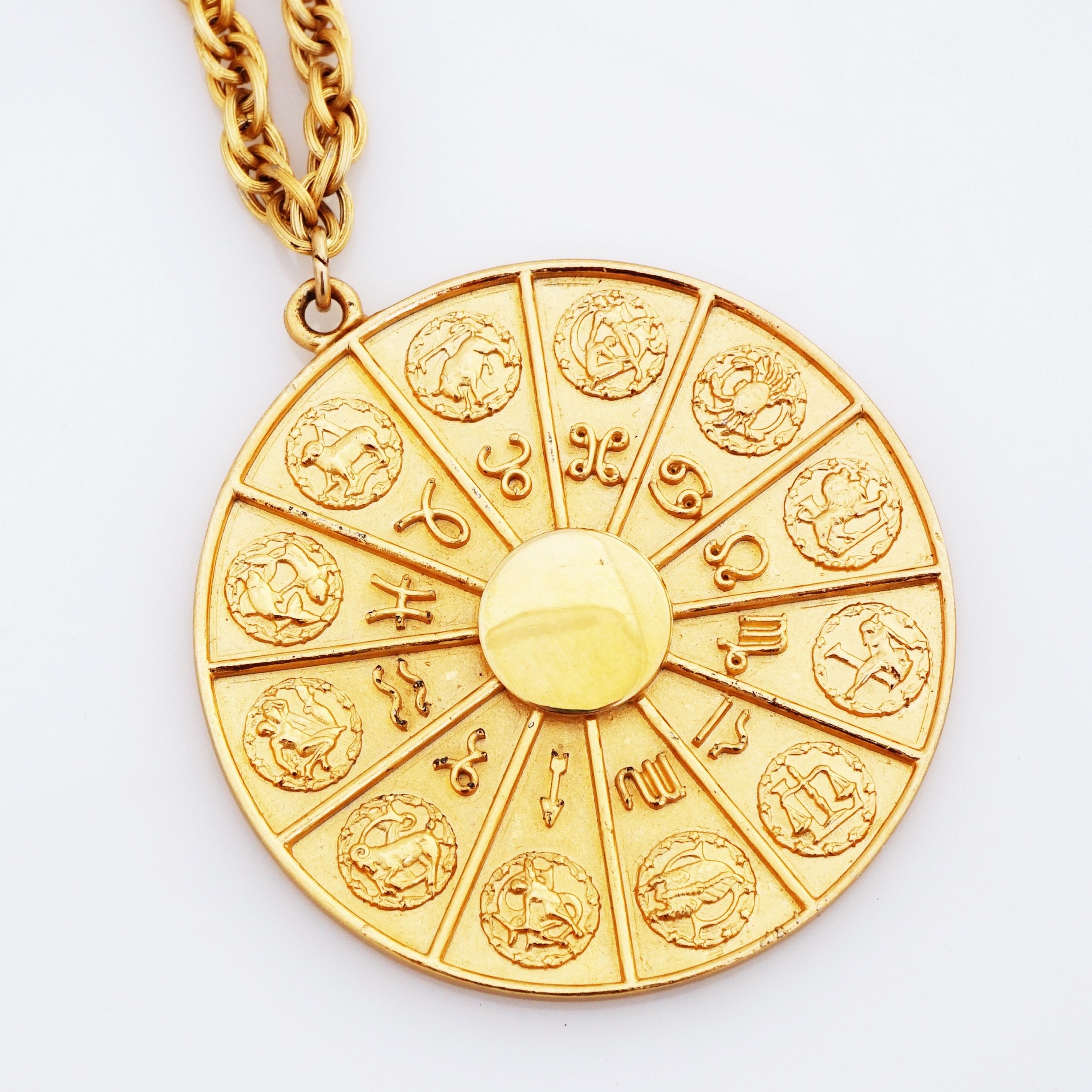 Gold Zodiac Medallion Pendant Necklace By Napier, 1970s In Good Condition In McKinney, TX