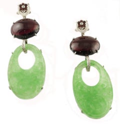 Diamond Giade White Stones Garnet White Gold Earrings