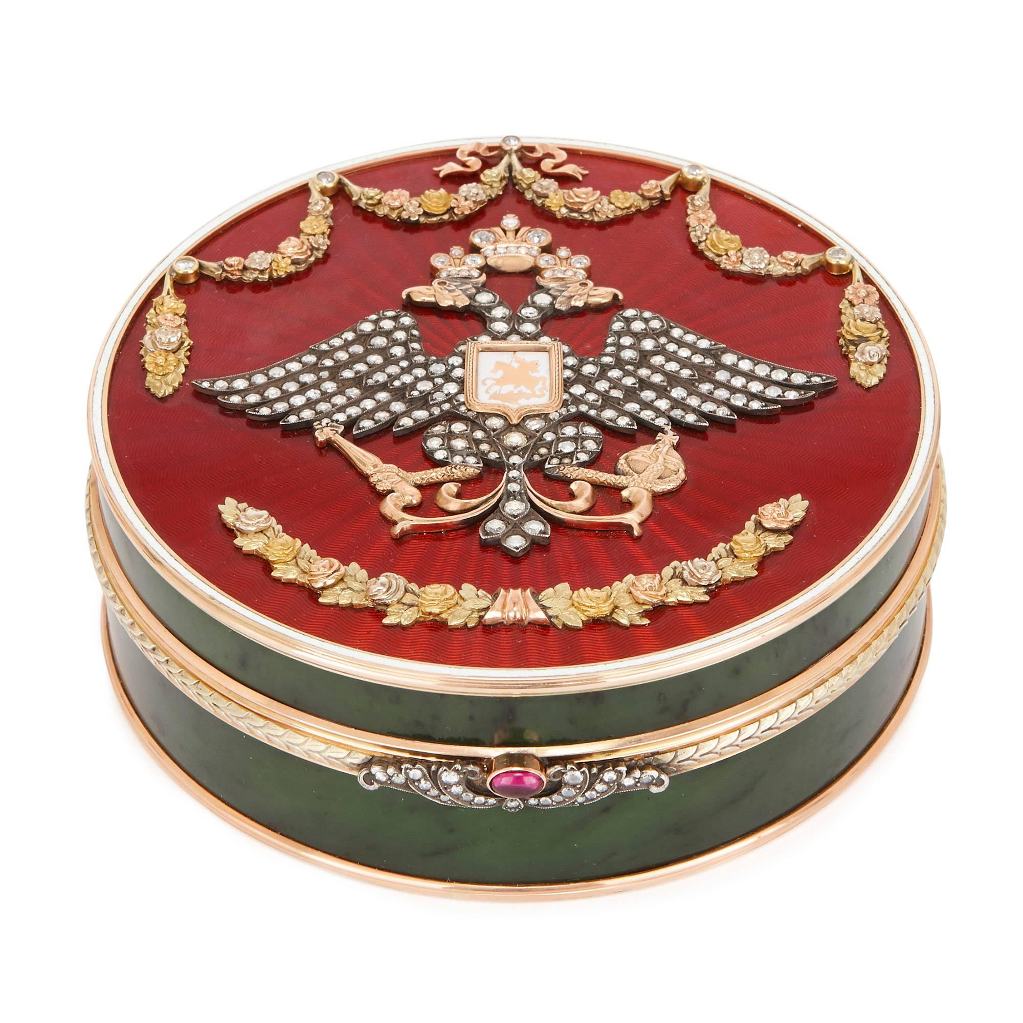 Gold, Guilloche Enamel and Precious Stone Box, in the Style of Faberge