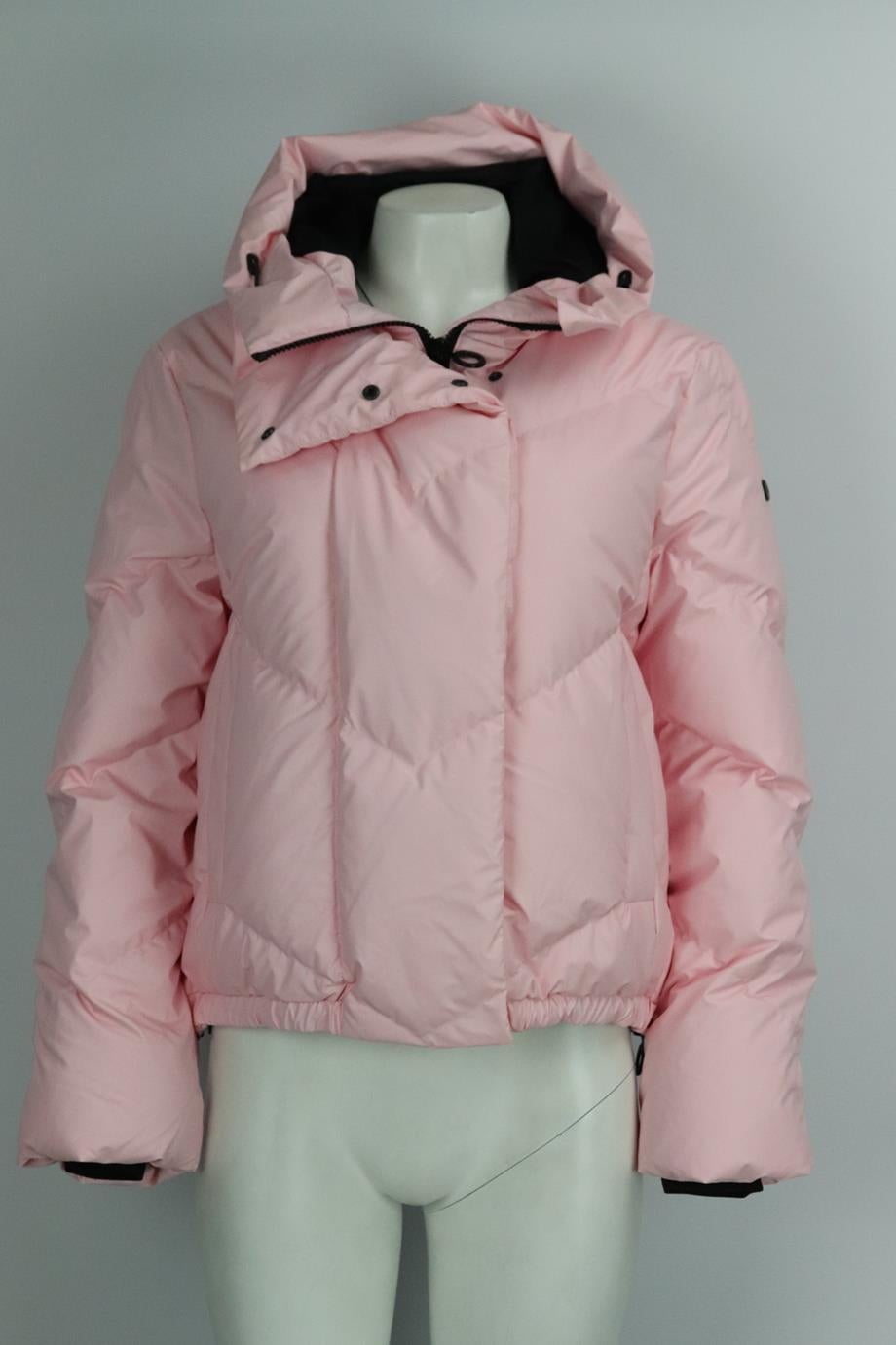 Goldbergh hooded quilted shell down ski jacket. Pink. Long sleeve, turtleneck. Zip fastening at front. 62% Polyester, 38% polyurethane; lining: 100% polyester; filling: 90% down, 10% feathers. Size: UK 10 (US 6, FR 38, IT 42). Shoulder to shoulder: