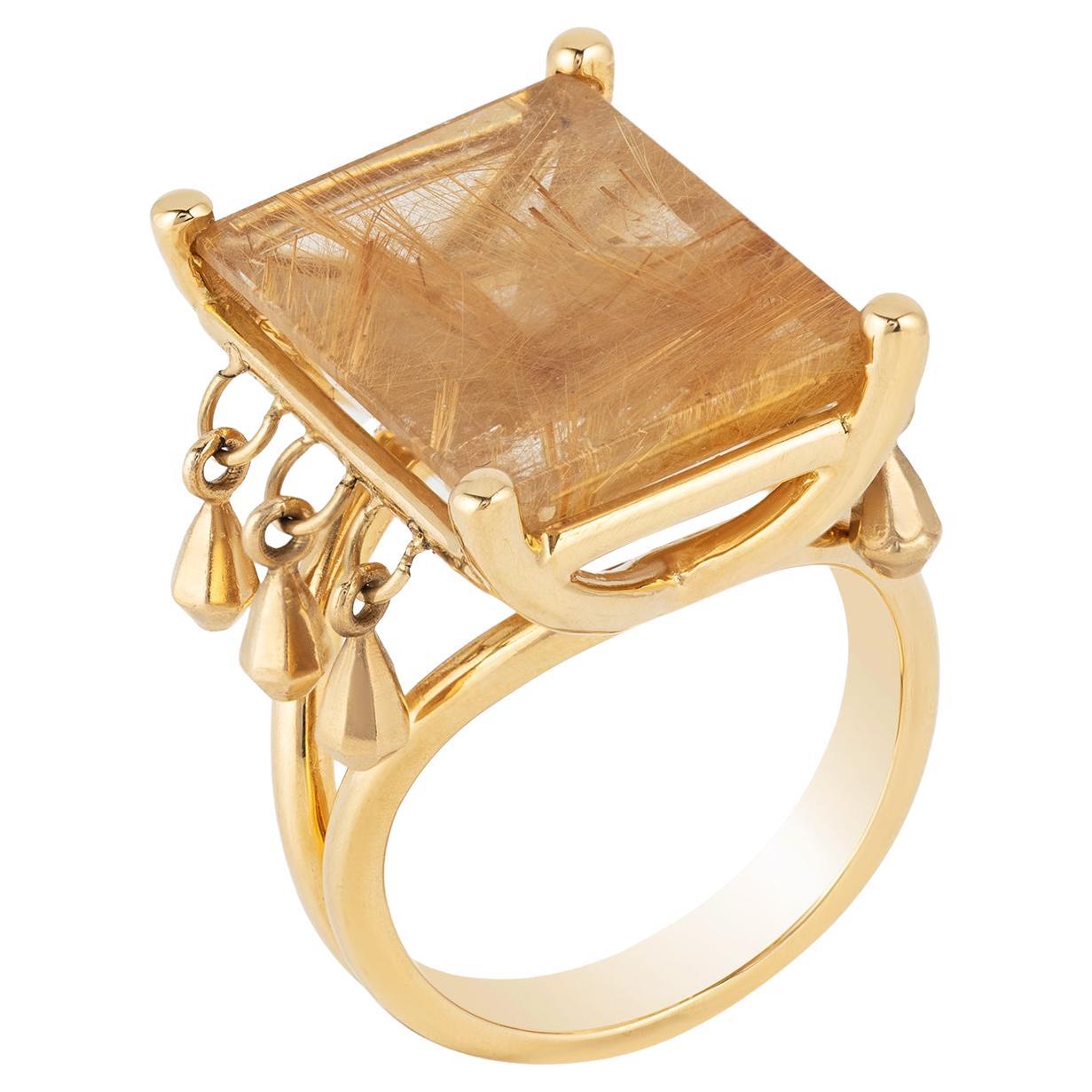 Gold Drop Ruthilated Quartz Cocktail Ring For Sale