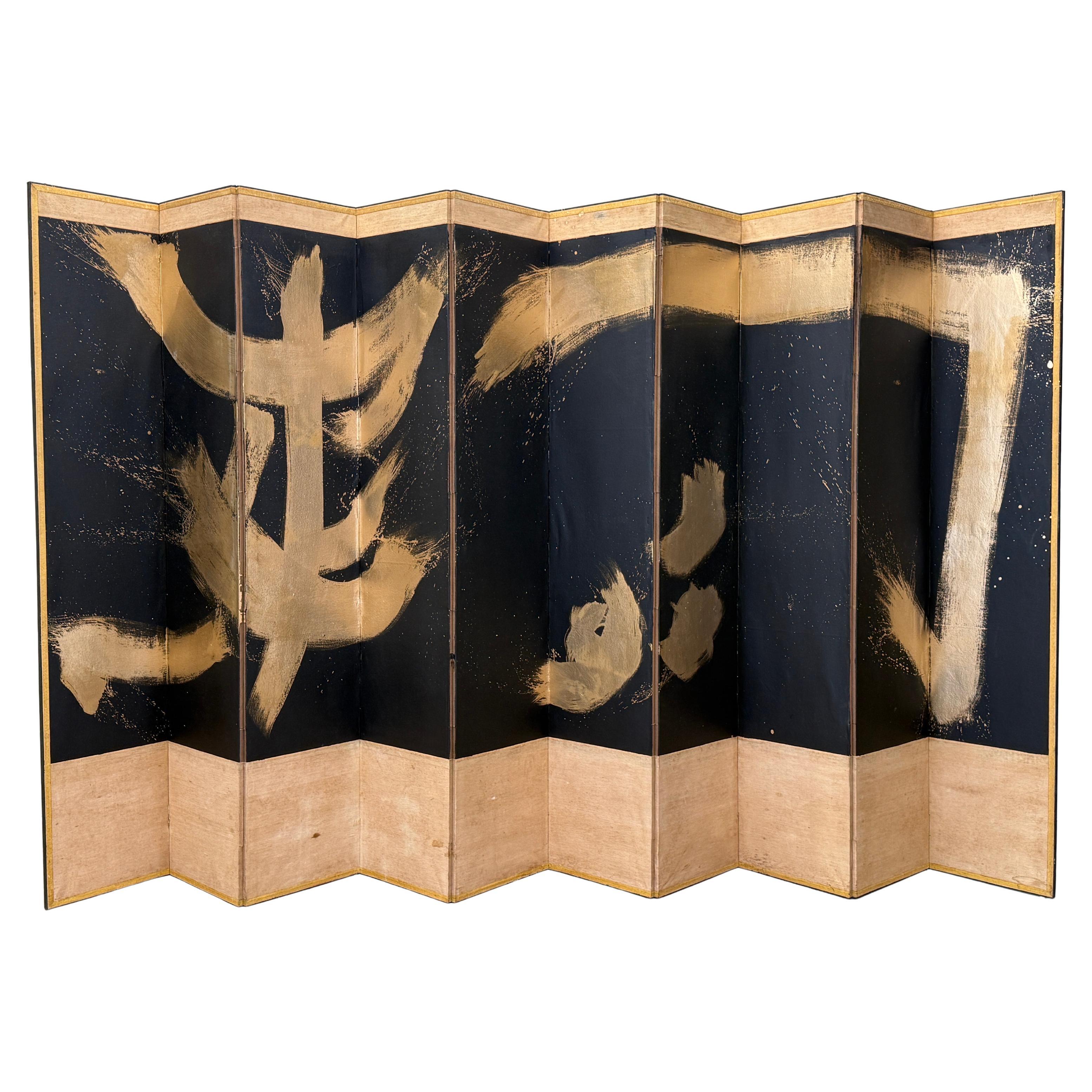 Schermo giapponese dorato a 10 pannelli in vendita