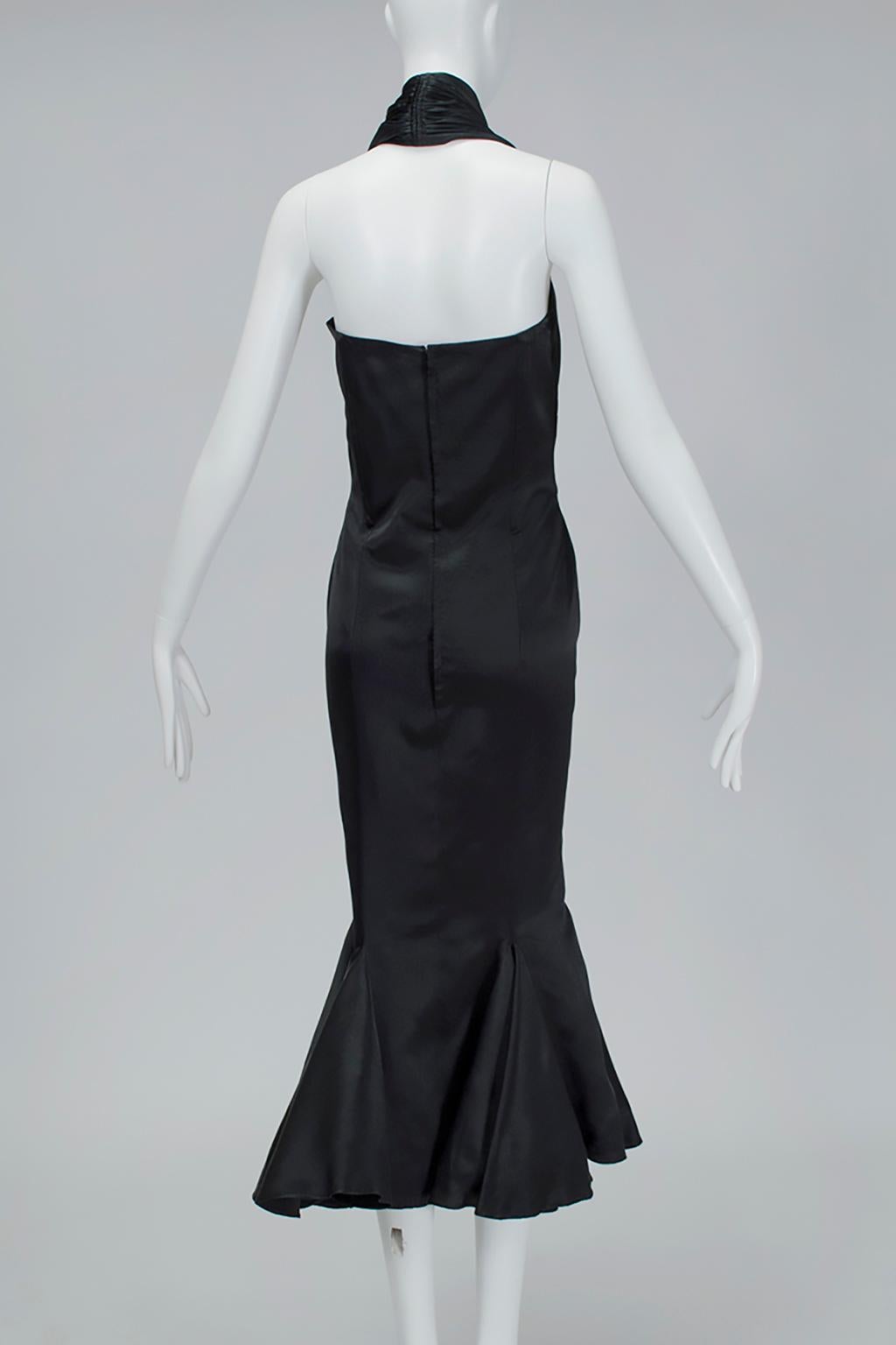 Golden Age Backless Black Satin Halter Plunge Gown with Trumpet Hem - L, 1930s In Excellent Condition For Sale In Tucson, AZ