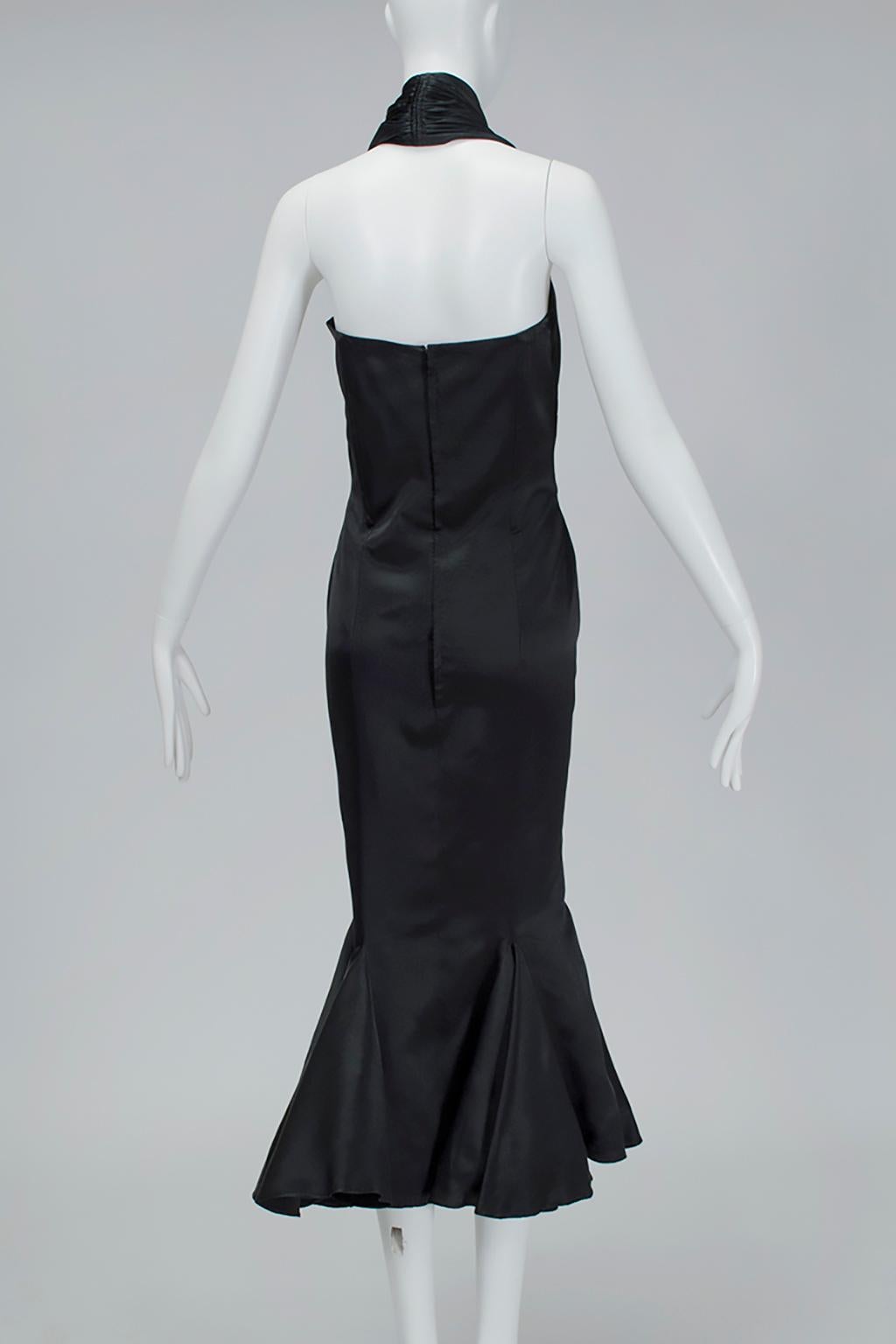 Golden Age Backless Black Satin Halter Plunge Gown with Trumpet Hem - M-L, 1930s In Excellent Condition For Sale In Tucson, AZ