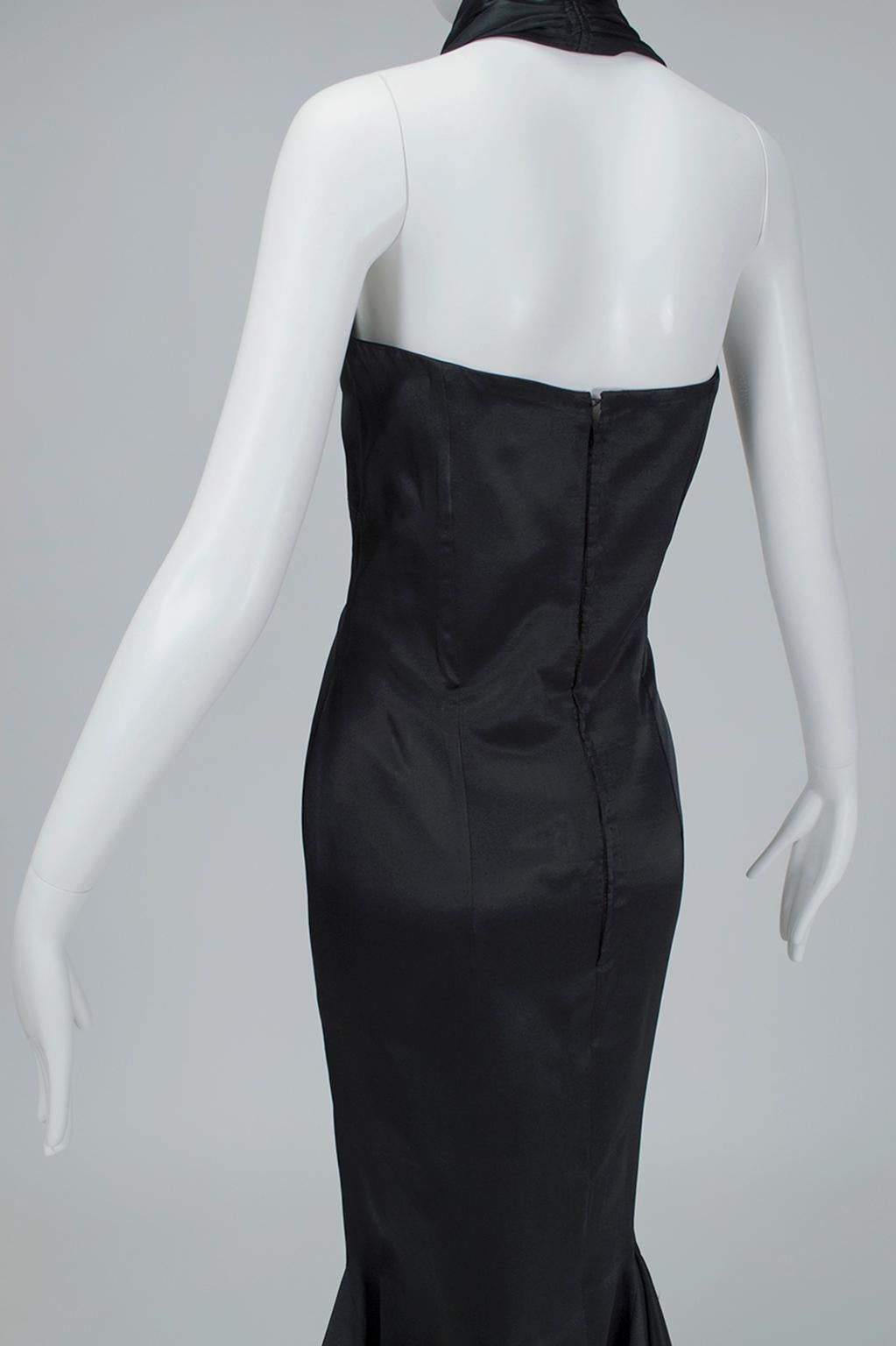 Women's Golden Age Backless Black Satin Halter Plunge Gown with Trumpet Hem - L, 1930s For Sale