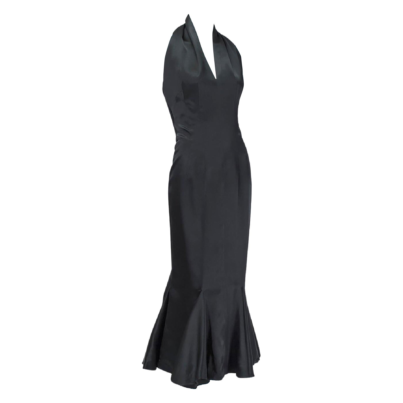 Golden Age Backless Black Satin Halter Plunge Gown with Trumpet Hem - M-L, 1930s