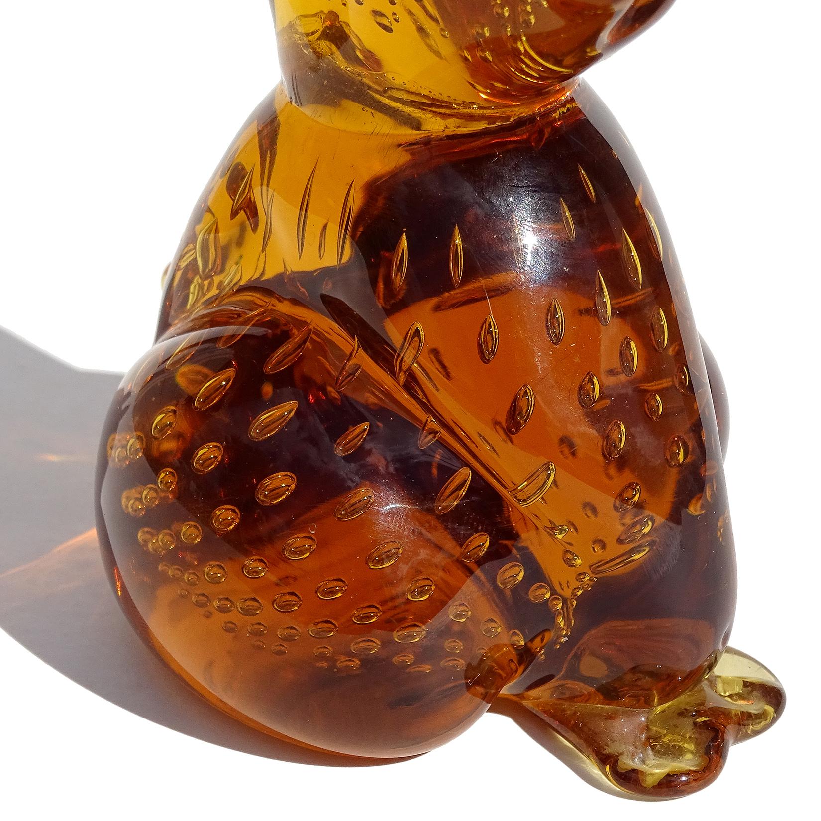 Mid-Century Modern Golden Amber Controlled Bubbles Italian Art Glass Vintage Bunny Rabbit Figurine