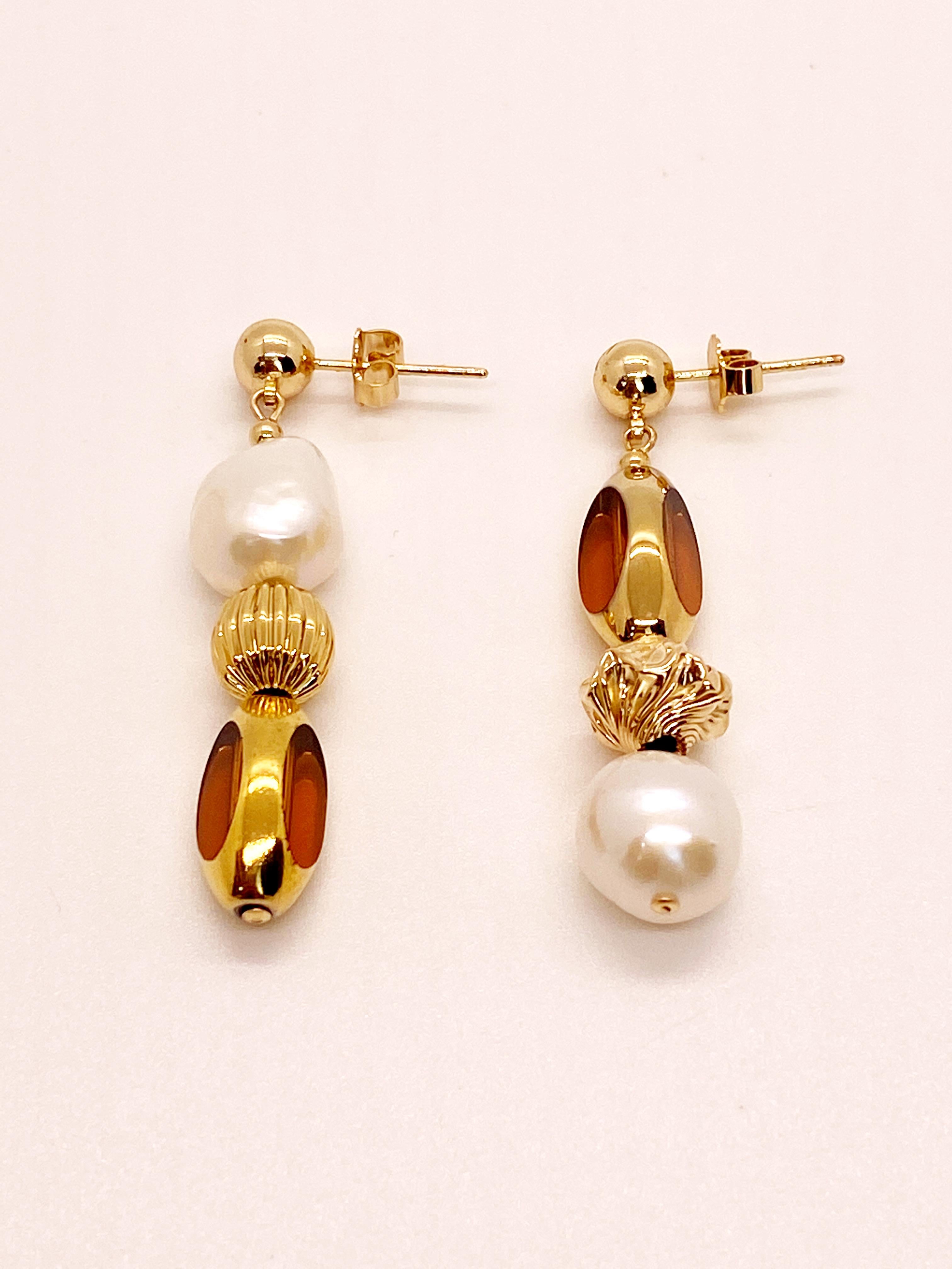 Contemporary Golden Amber Vintage German Glass Beads edged with 24K gold Mismatch Earring For Sale