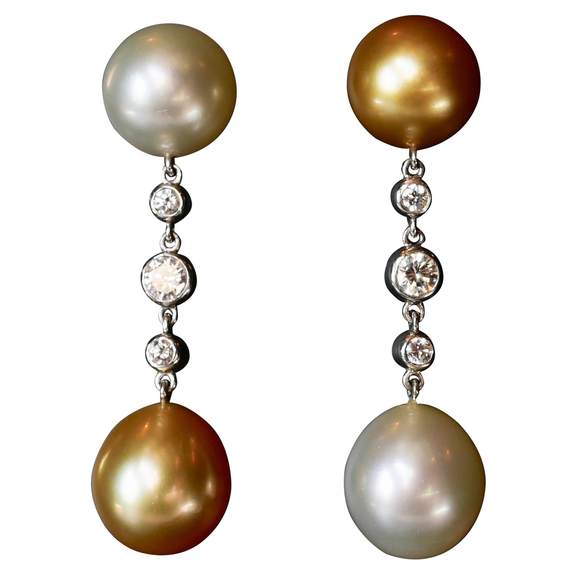 Golden and Ivory Toned South Sea Pearl and White Round Cut Diamond Drop Earrings For Sale