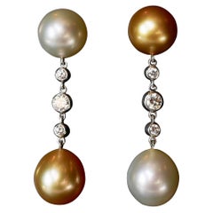 Golden and Ivory Toned South Sea Pearl and White Round Cut Diamond Drop Earrings