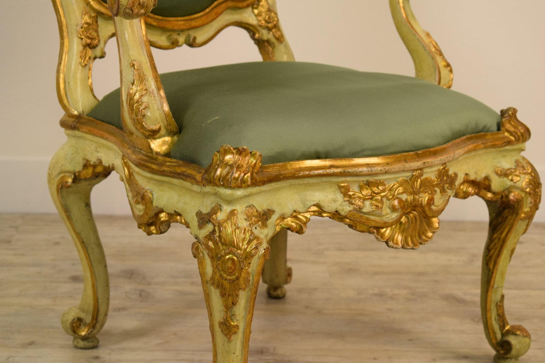 Hand-Carved 18th Century Venetian Lacquered and Gilded Wood Armchair