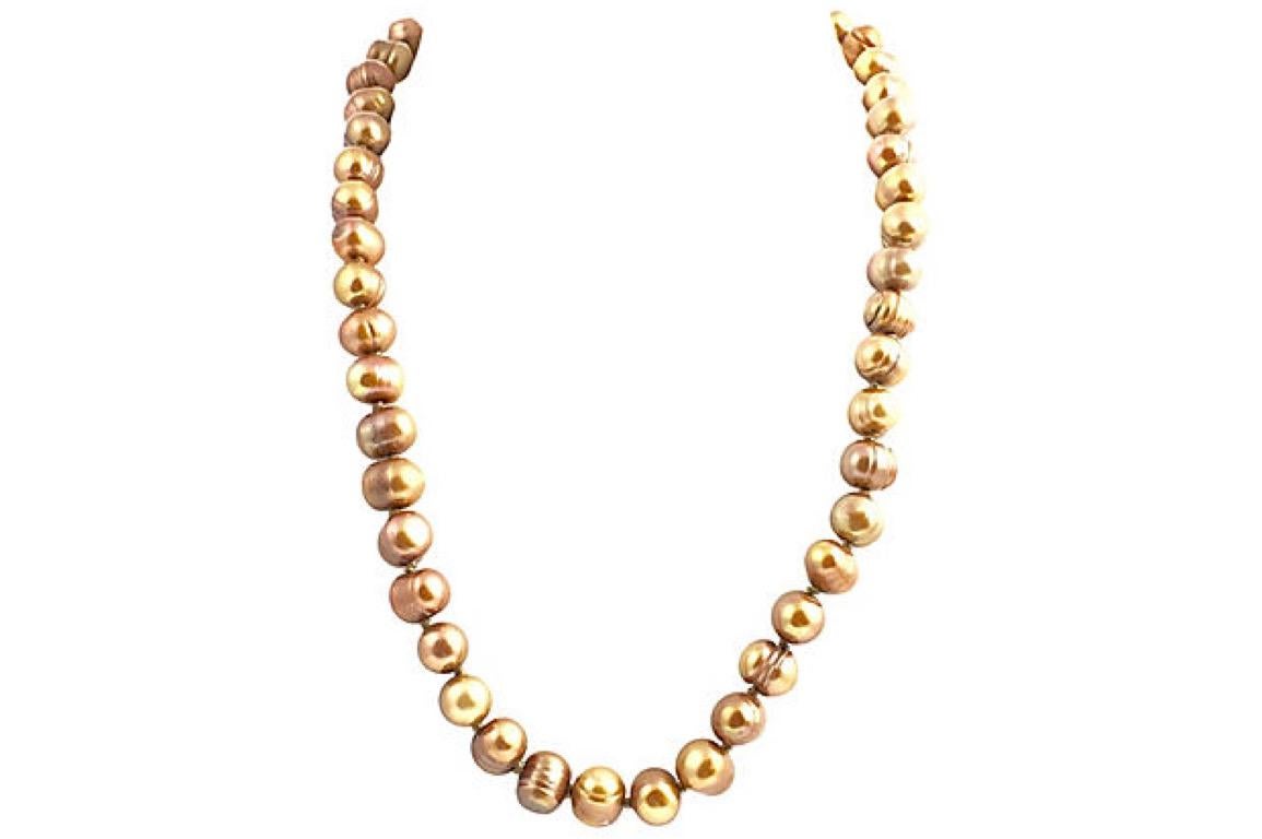 Bead Golden and Mocha Cultured Pearl Necklaces Pair Set of 2 For Sale