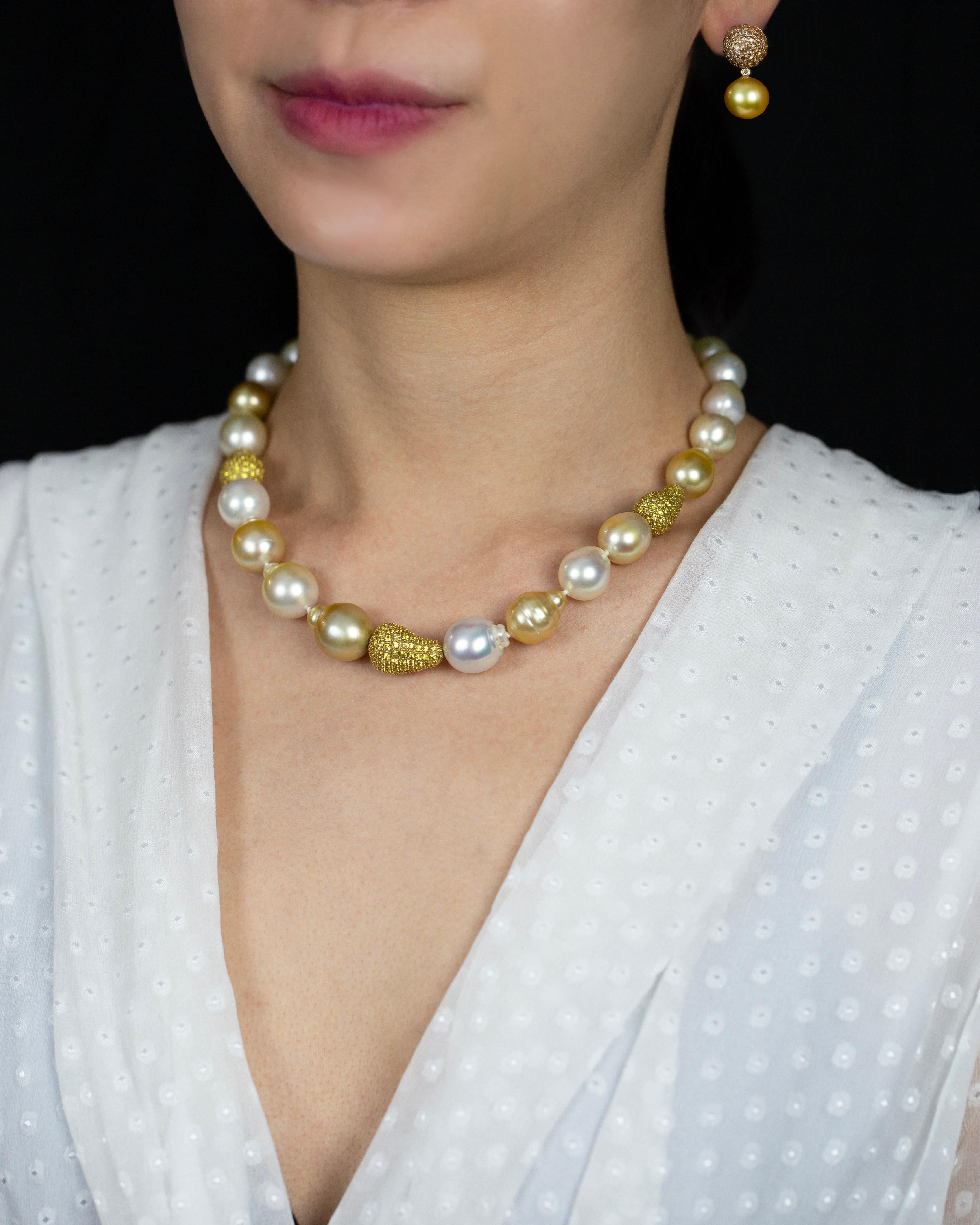 Contemporary Golden and White South Sea Baroque Pearls and Yellow Sapphire Necklace For Sale
